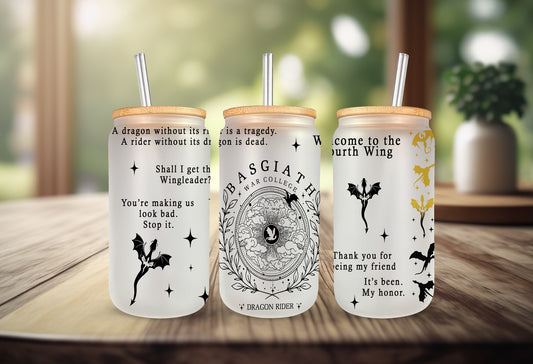 Fourth Wing Quote Glass Tumbler, Basgiath War College Cup, Dragon Rider Iced Coffee Glass, Violet & Xaden Fan Mug, Fantasy Book Lover Gift GLVLR07