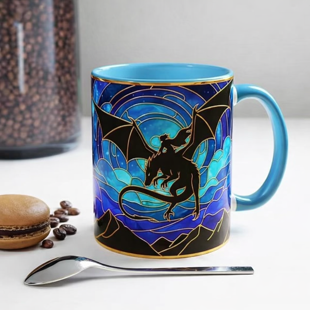 Fourth Wing Dragon Silhouette Stained Glass Style Mug, Dragon Rider Fantasy Coffee Mug, Basgiath War College Art Cup, Bookish Tea Mug