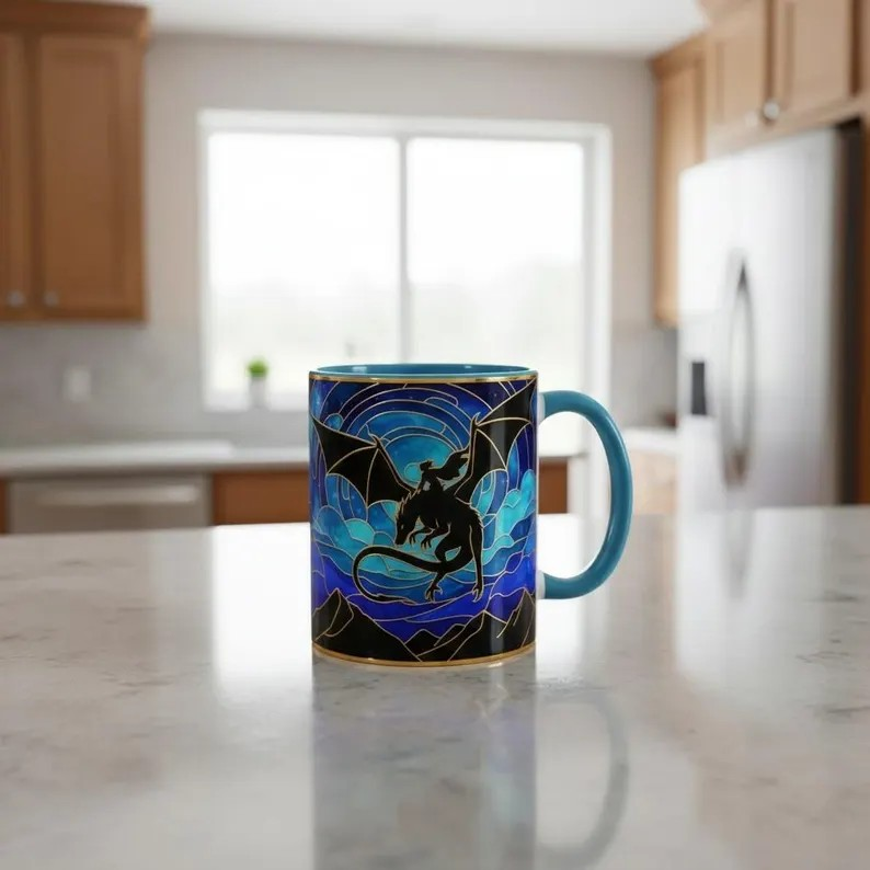 Fourth Wing Dragon Silhouette Stained Glass Style Mug, Dragon Rider Fantasy Coffee Mug, Basgiath War College Art Cup, Bookish Tea Mug