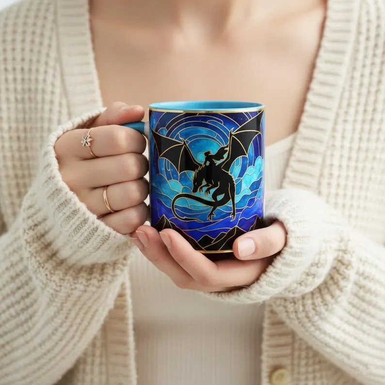 Fourth Wing Dragon Silhouette Stained Glass Style Mug, Dragon Rider Fantasy Coffee Mug, Basgiath War College Art Cup, Bookish Tea Mug