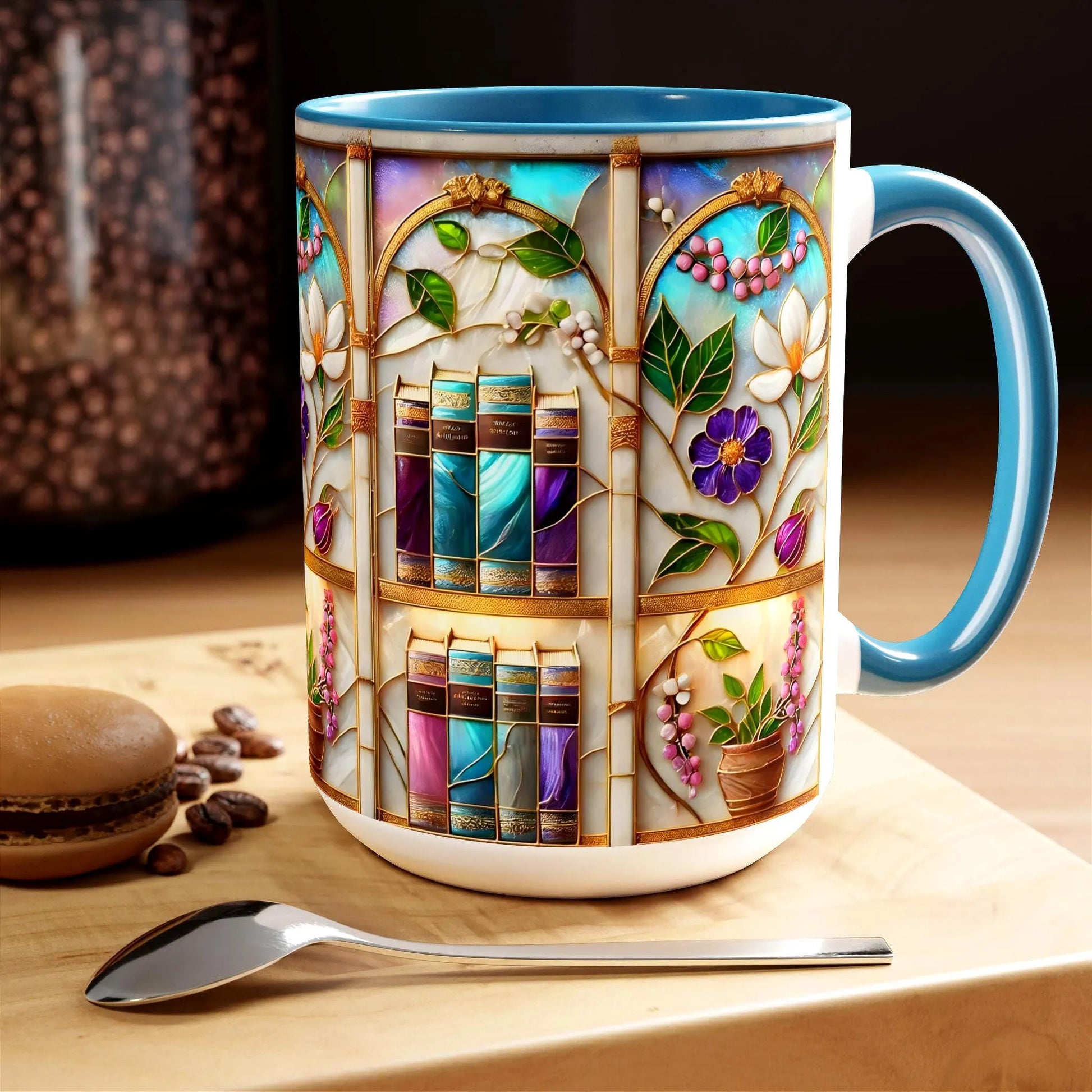 Floral Bookshelf Coffee Mug, Bookish Stained-Glass Style Ceramic Mug, Book Lover Gift Mug