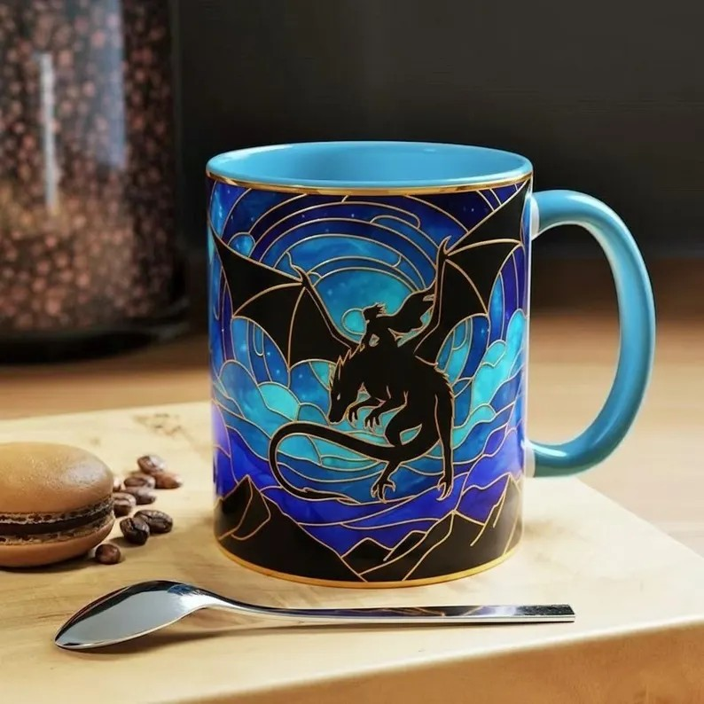 Fourth Wing Dragon Silhouette Stained Glass Style Mug, Dragon Rider Fantasy Coffee Mug, Basgiath War College Art Cup, Bookish Tea Mug