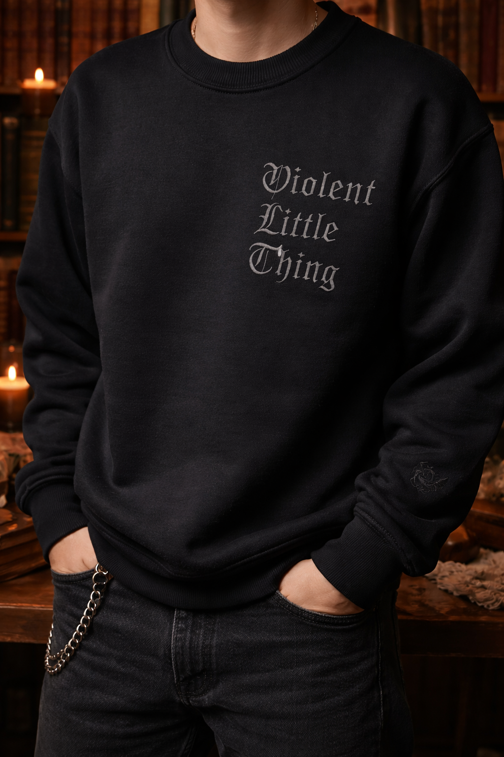 Violent Little Thing Embroidered Sweatshirt, Dark Academia Gothic Crewneck for Book Lovers VEMB71