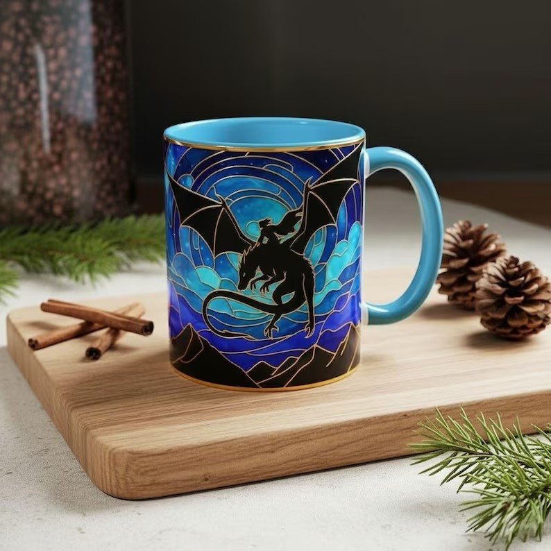 Fourth Wing Dragon Silhouette Stained Glass Style Mug, Dragon Rider Fantasy Coffee Mug, Basgiath War College Art Cup, Bookish Tea Mug
