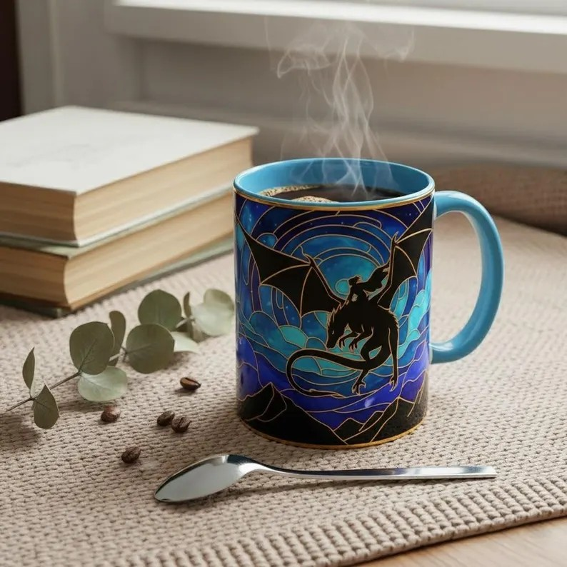 Fourth Wing Dragon Silhouette Stained Glass Style Mug, Dragon Rider Fantasy Coffee Mug, Basgiath War College Art Cup, Bookish Tea Mug