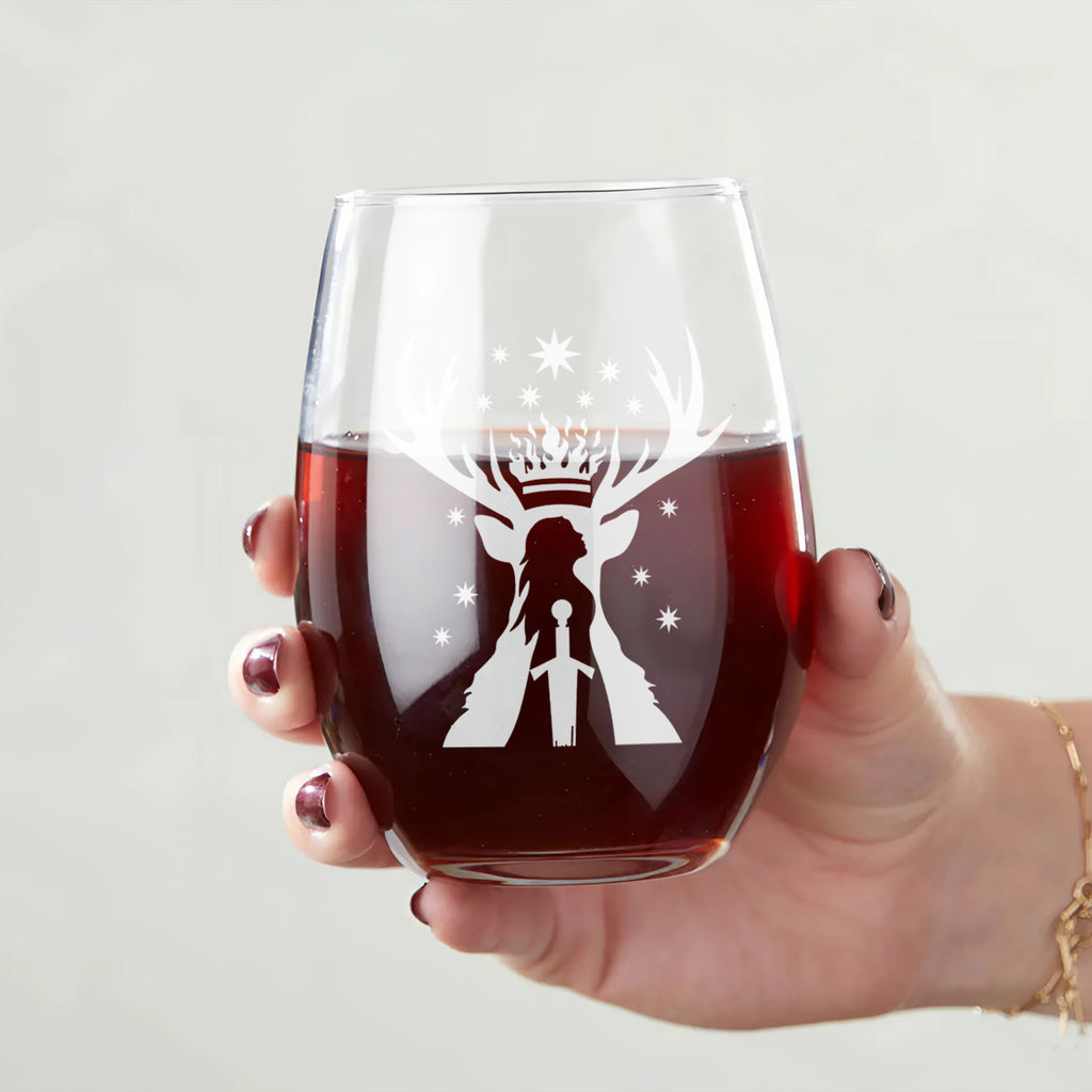 Fireheart Stag Stemless Wine Glass, Fantasy Queen Crown Sword Cup, Dark Bookish Barware, Reader Gift For Book Lovers BGVLR04