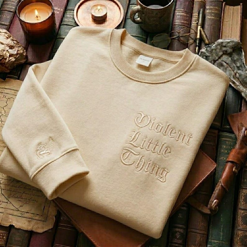 Violent Little Thing Embroidered Sweatshirt, Dark Academia Gothic Crewneck for Book Lovers VEMB71