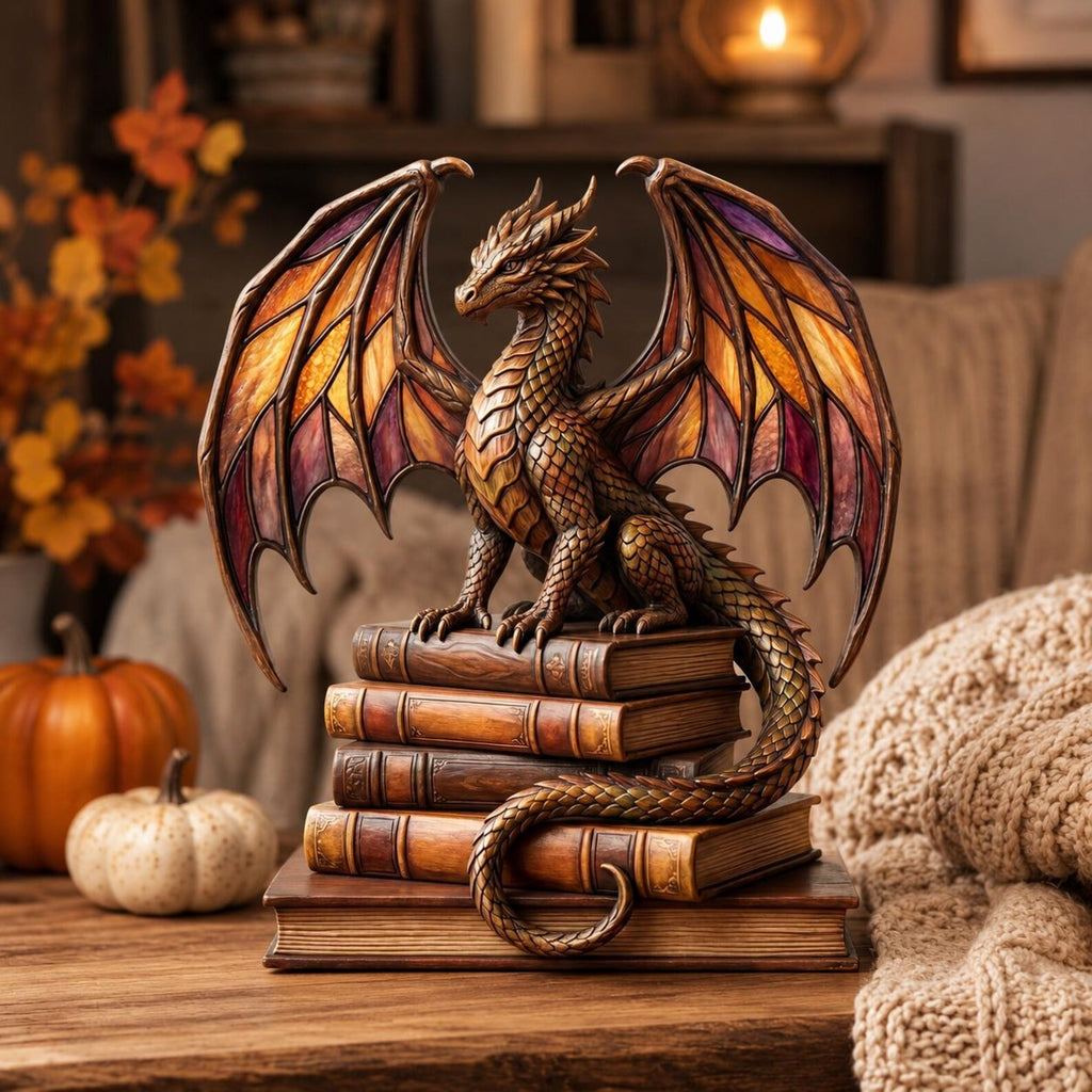 Dragon Book Stack Wooden Block Decor, Magical Library Accent, 2d flat print  – WBVLR07