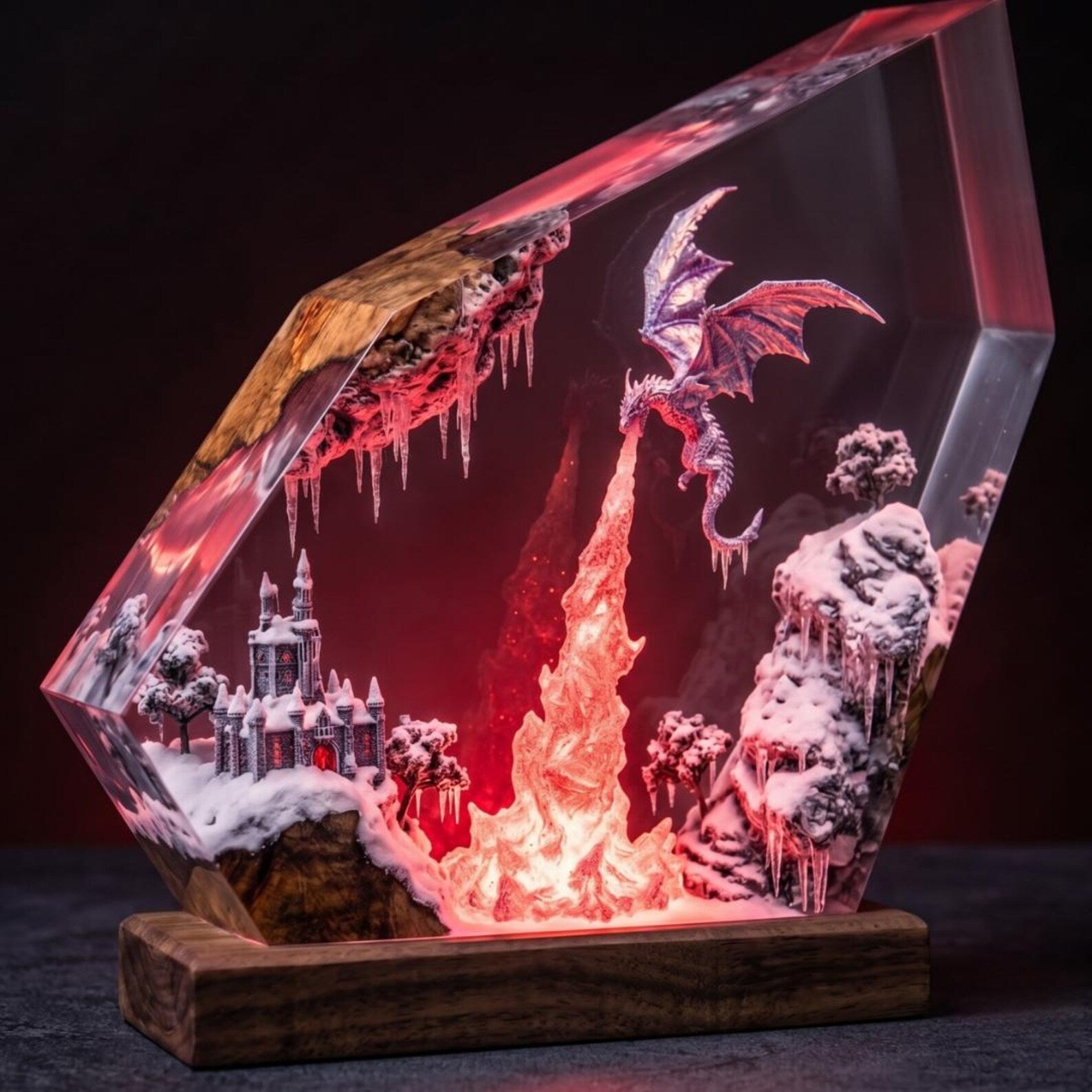 Ice Dragon Resin Lamp, Winter Castle Glacier Diorama, Frost Dragon Night Light, RGB Gamer Desk Setup Decor, Unique Fantasy Gift for Him. ERNLVLA14
