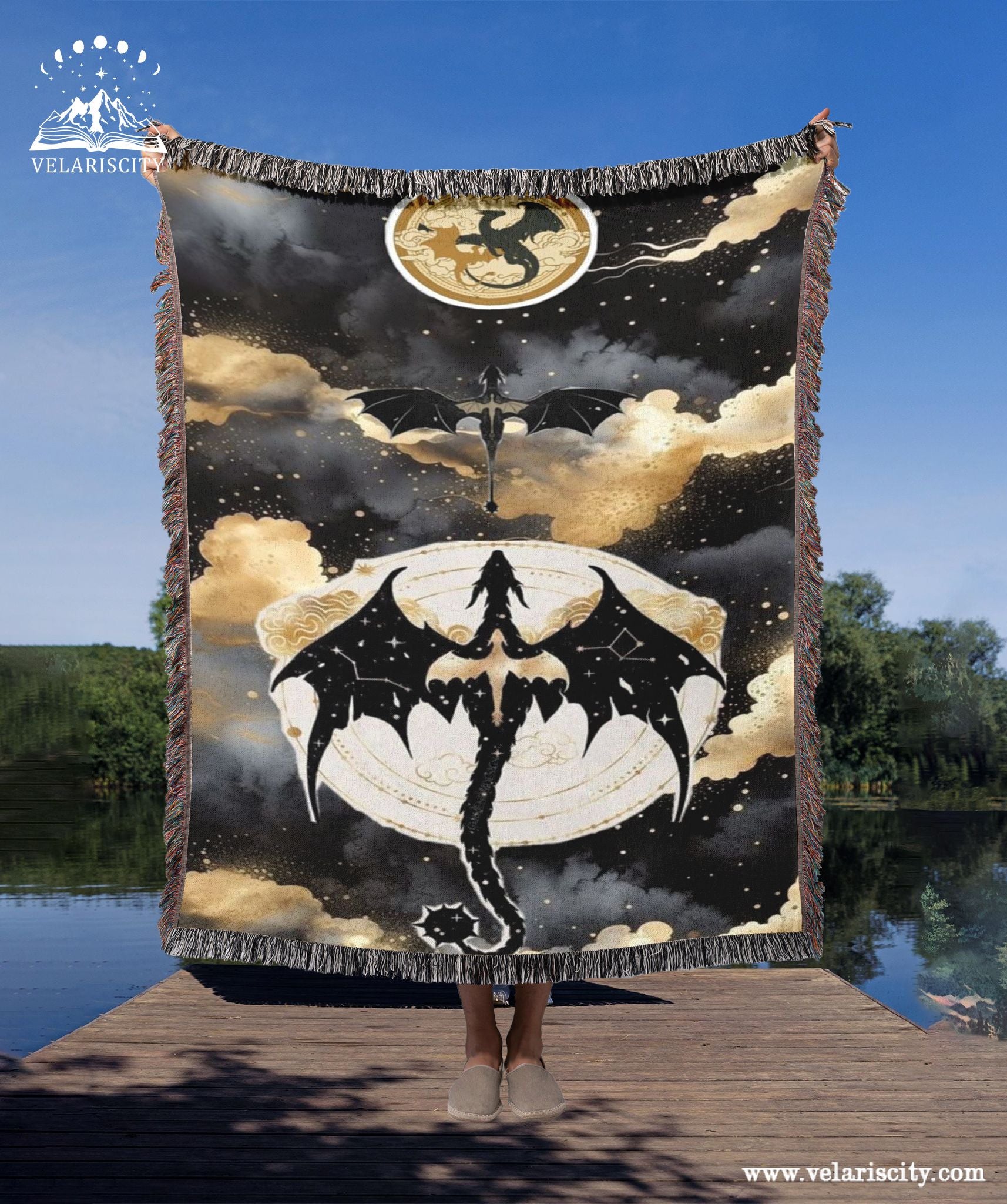 Fourth Wing Dragon Woven Blanket, Fantasy Art Throw Blanket, Black and Gold Dragon Design, Cosplay Gift, Magical Creature Home Decor BKVLR06