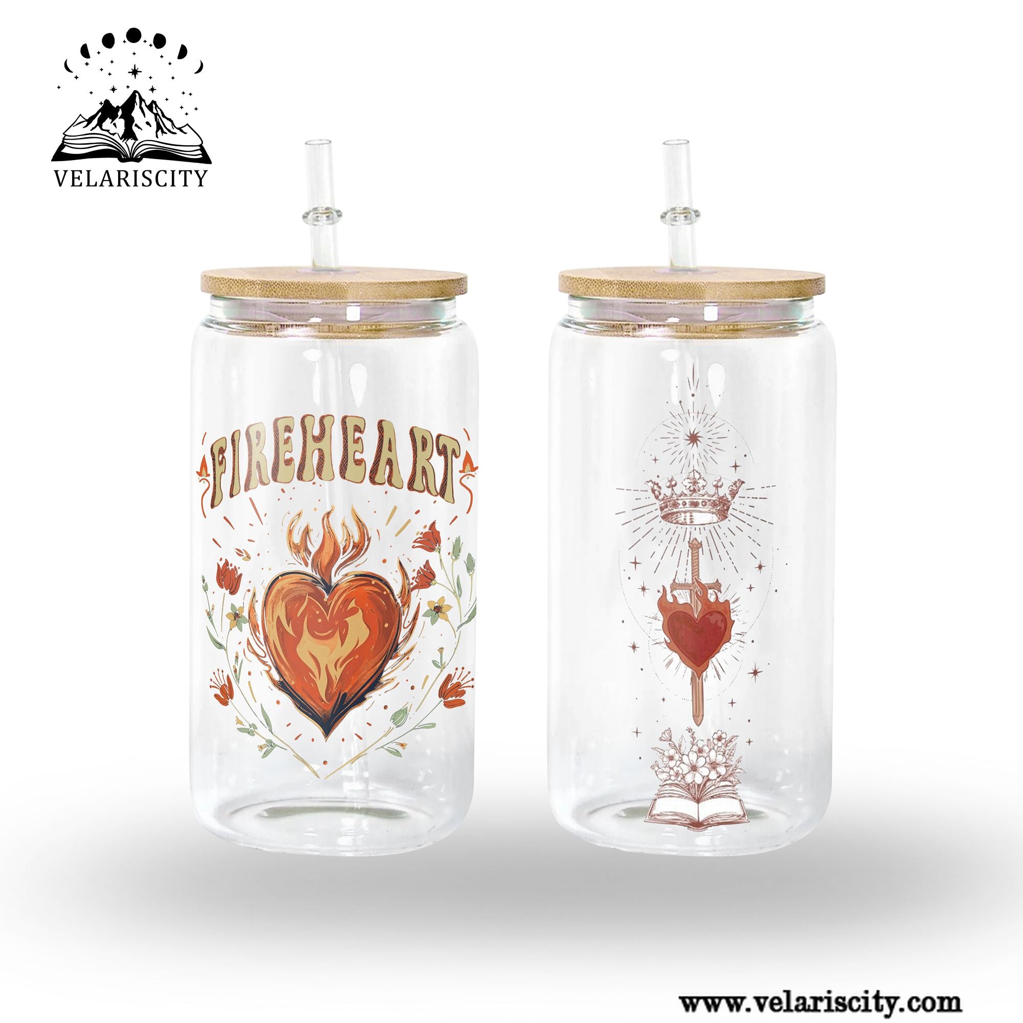 Fireheart Glass Can Cup with Straw, Aelin Galathynius Throne of Glass Tumbler, Bookish Fantasy Gift Drinkware GLVLR42