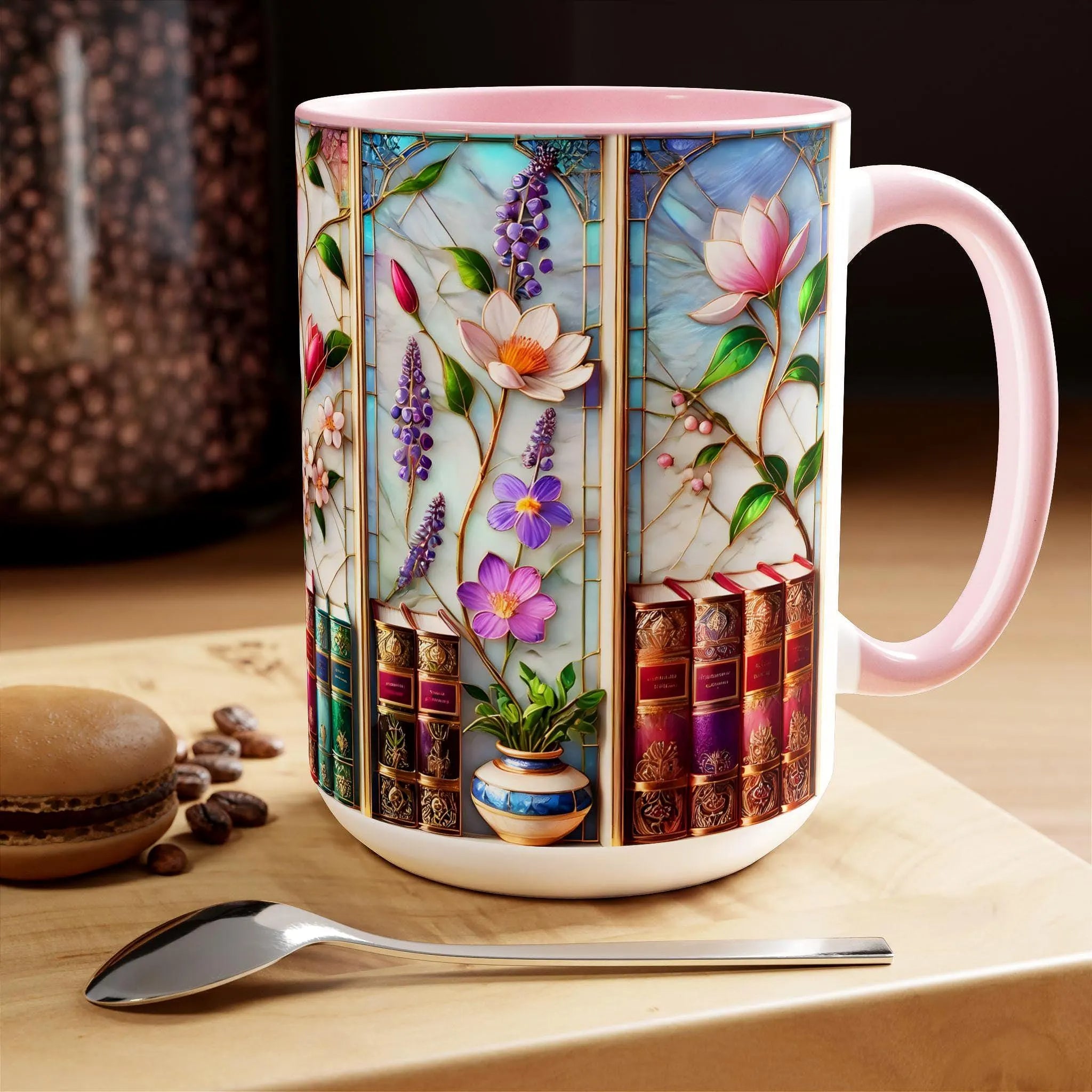 Floral Bookshelf Coffee Mug, Bookish Stained-Glass Style Ceramic Mug, Book Lover Gift MFVLR07