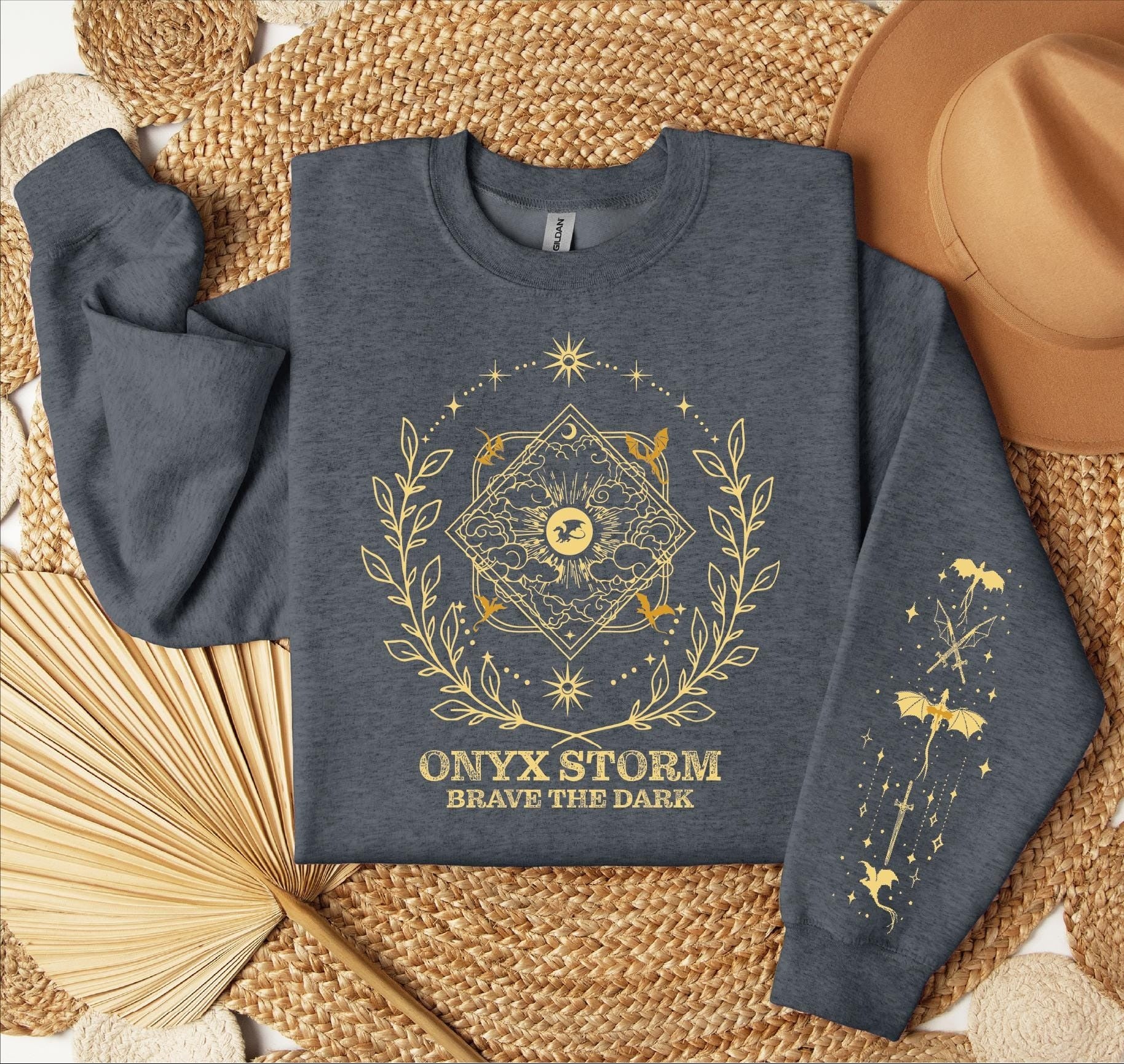 Comfort Colors Onyx Storm Brave The Dark Sleeves Printed Sweatshirt and Hoodie, Fourth Wing Series Sweatshirt, Dragon Rider, Gift For Book Lover, CFVLR46