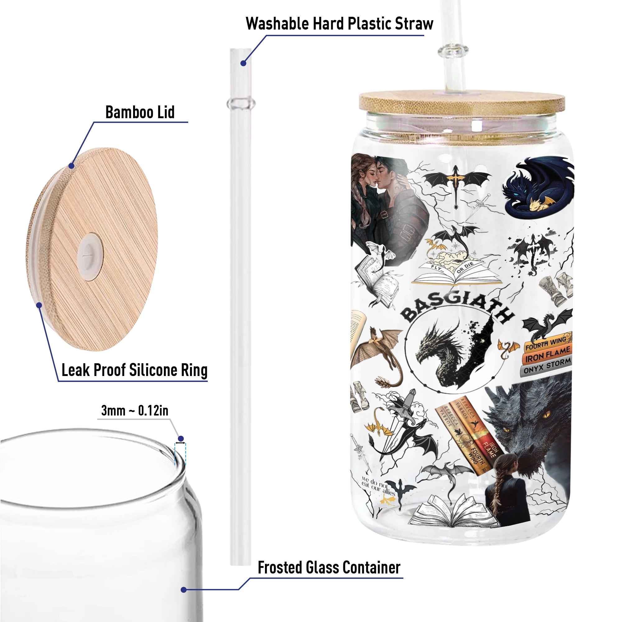 Basgiath War College Glass Can Cup with Straw, Fourth Wing Iron Flame Onyx Storm Dragon Tumbler, Empyrean Bookish Gift GLVLR43