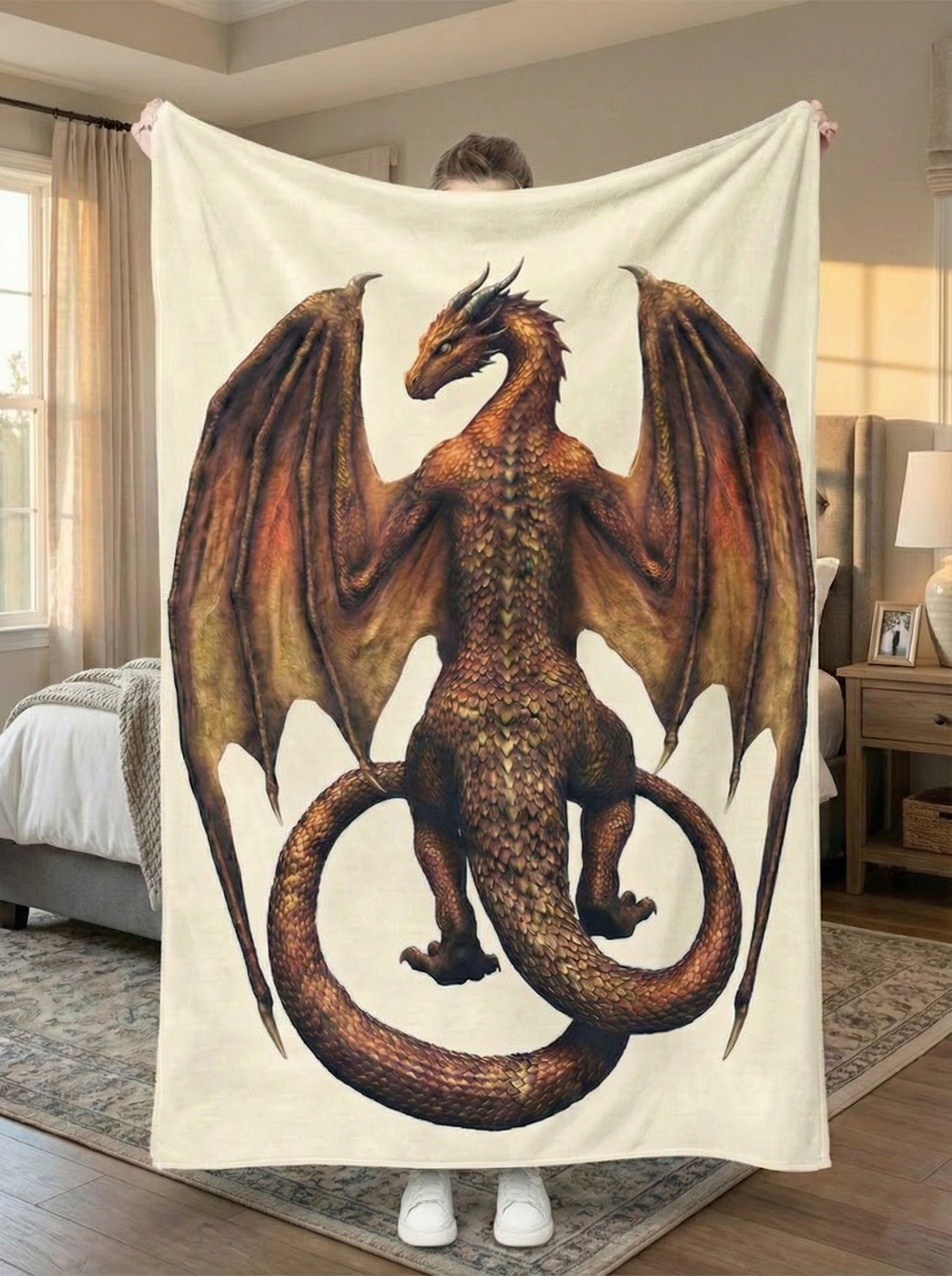 Bronze Fire Dragon Blanket, Majestic Winged Dragon Artwork, Mythical Dragon Fantasy Blanket, Cozy Fleece Sherpa Blanket, Gift for Fantasy and Dragon Lovers BLK07