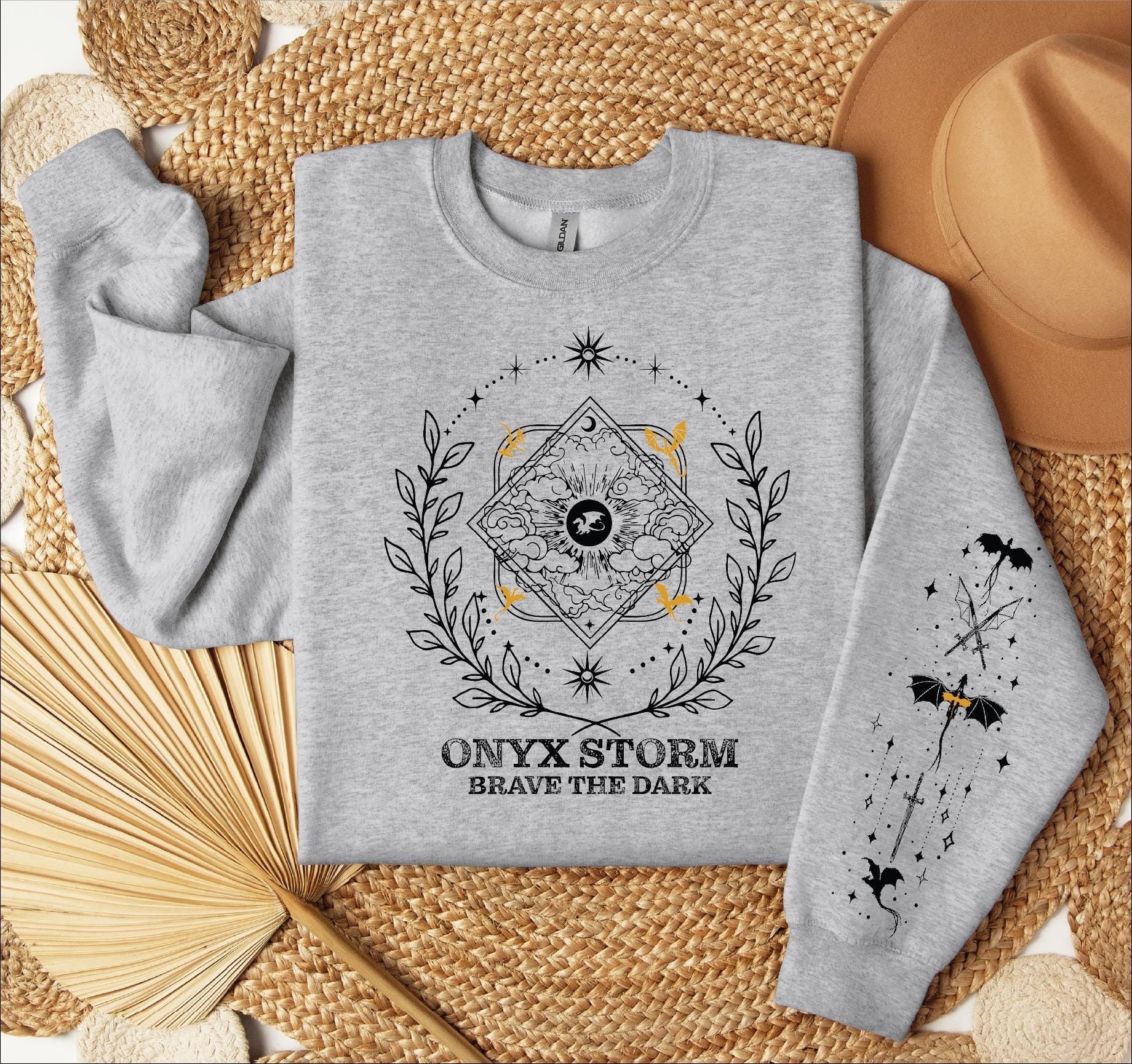 Comfort Colors Onyx Storm Brave The Dark Sleeves Printed Sweatshirt and Hoodie, Fourth Wing Series Sweatshirt, Dragon Rider, Gift For Book Lover, CFVLR46