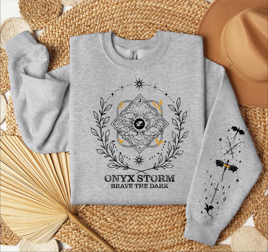 Comfort Colors Onyx Storm Brave The Dark Sleeves Printed Sweatshirt and Hoodie, Fourth Wing Series Sweatshirt, Dragon Rider, Gift For Book Lover, CFVLR46