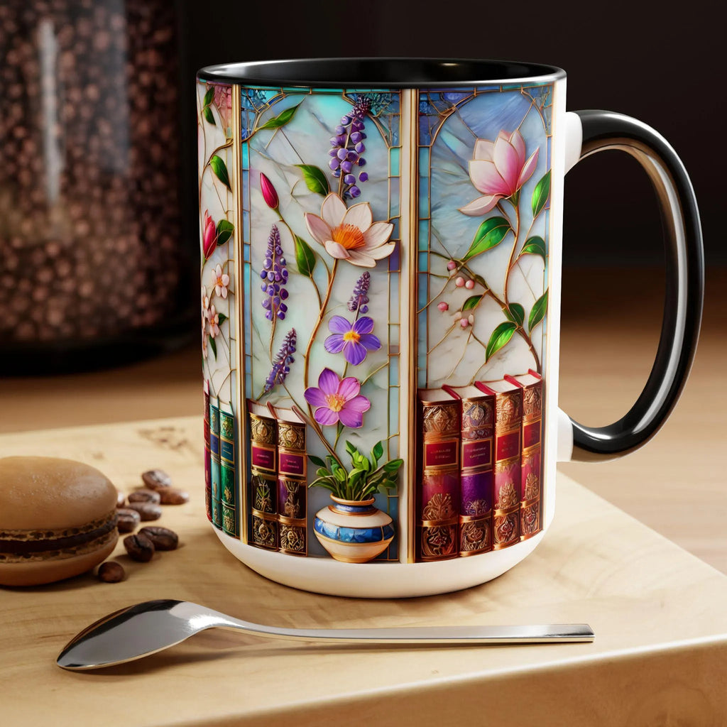 Floral Bookshelf Coffee Mug, Bookish Stained-Glass Style Ceramic Mug, Book Lover Gift
