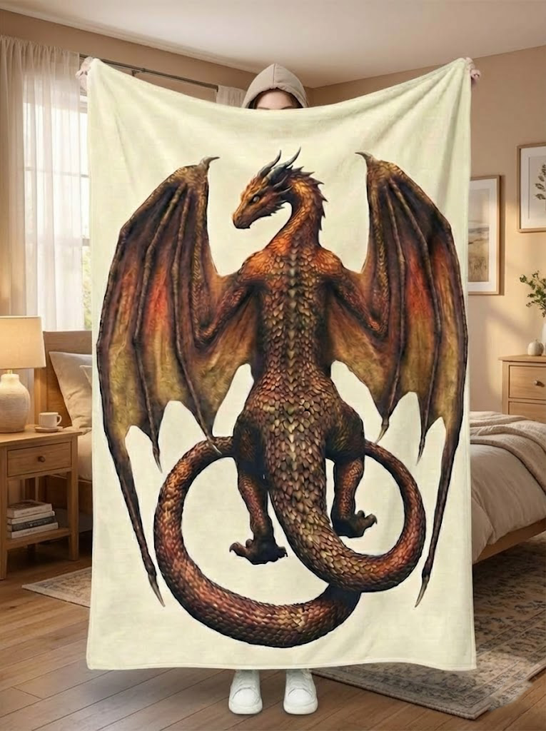 Bronze Fire Dragon Blanket, Majestic Winged Dragon Artwork, Mythical Dragon Fantasy Blanket, Cozy Fleece Sherpa Blanket, Gift for Fantasy and Dragon Lovers BLK07