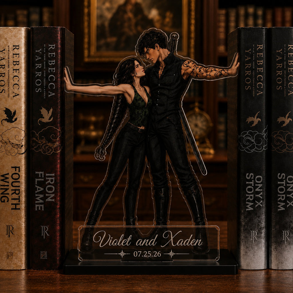 Violet and Xaden Bookend Standee, Fourth Wing Inspired Acrylic Bookshelf Decor, Fantasy Romance Book Lover Gift, Dragon Rider Shelf Display. BSVLAR07