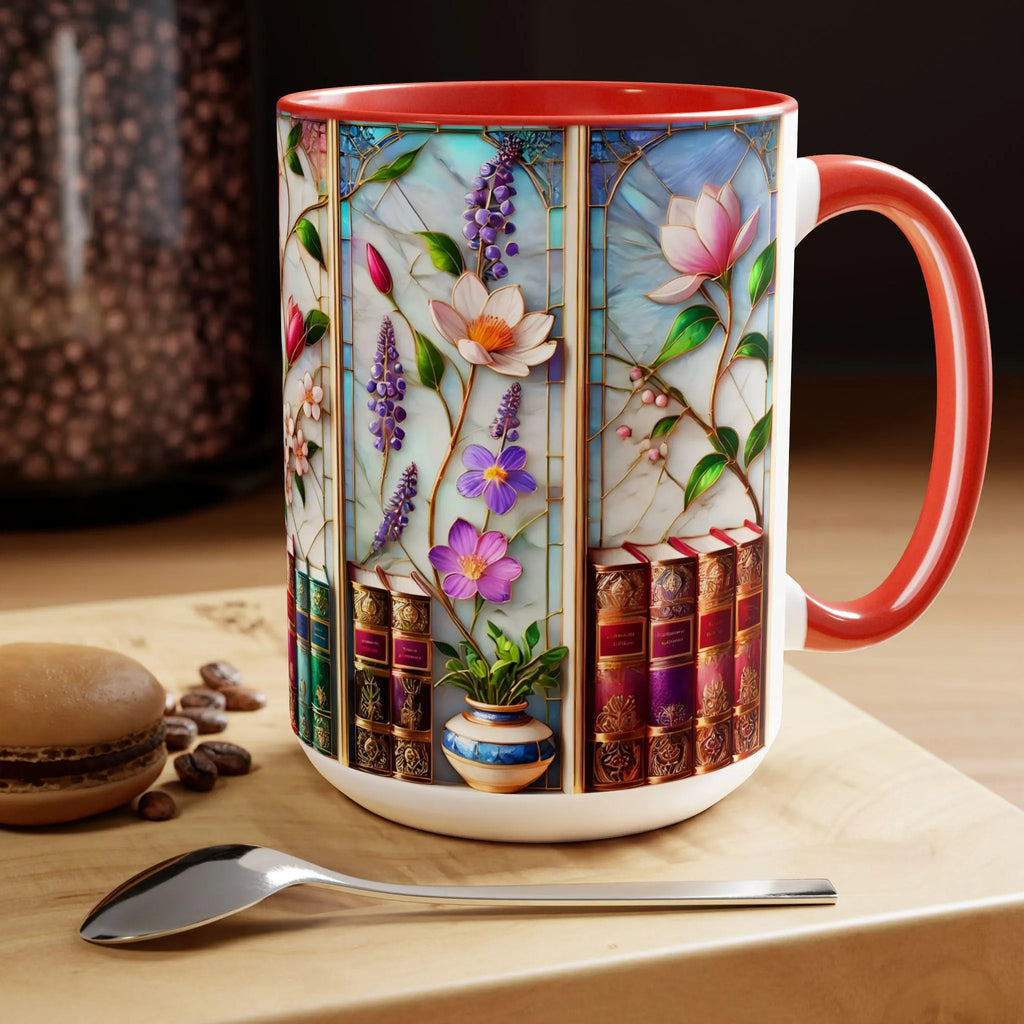 Floral Bookshelf Coffee Mug, Bookish Stained-Glass Style Ceramic Mug, Book Lover Gift