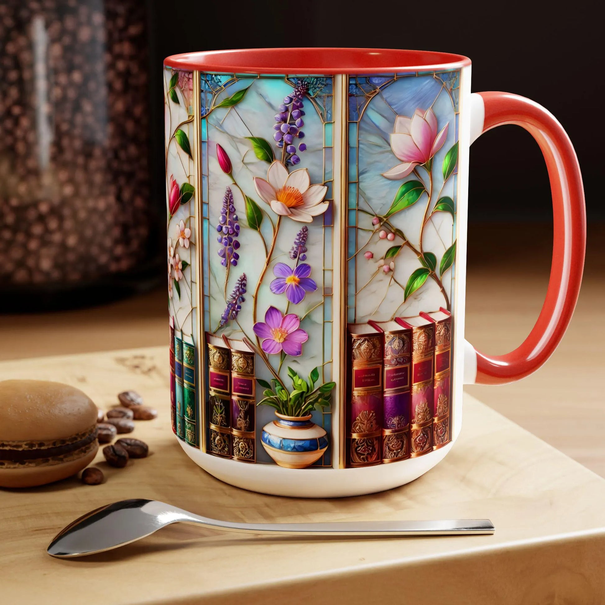 Floral Bookshelf Coffee Mug, Bookish Stained-Glass Style Ceramic Mug, Book Lover Gift