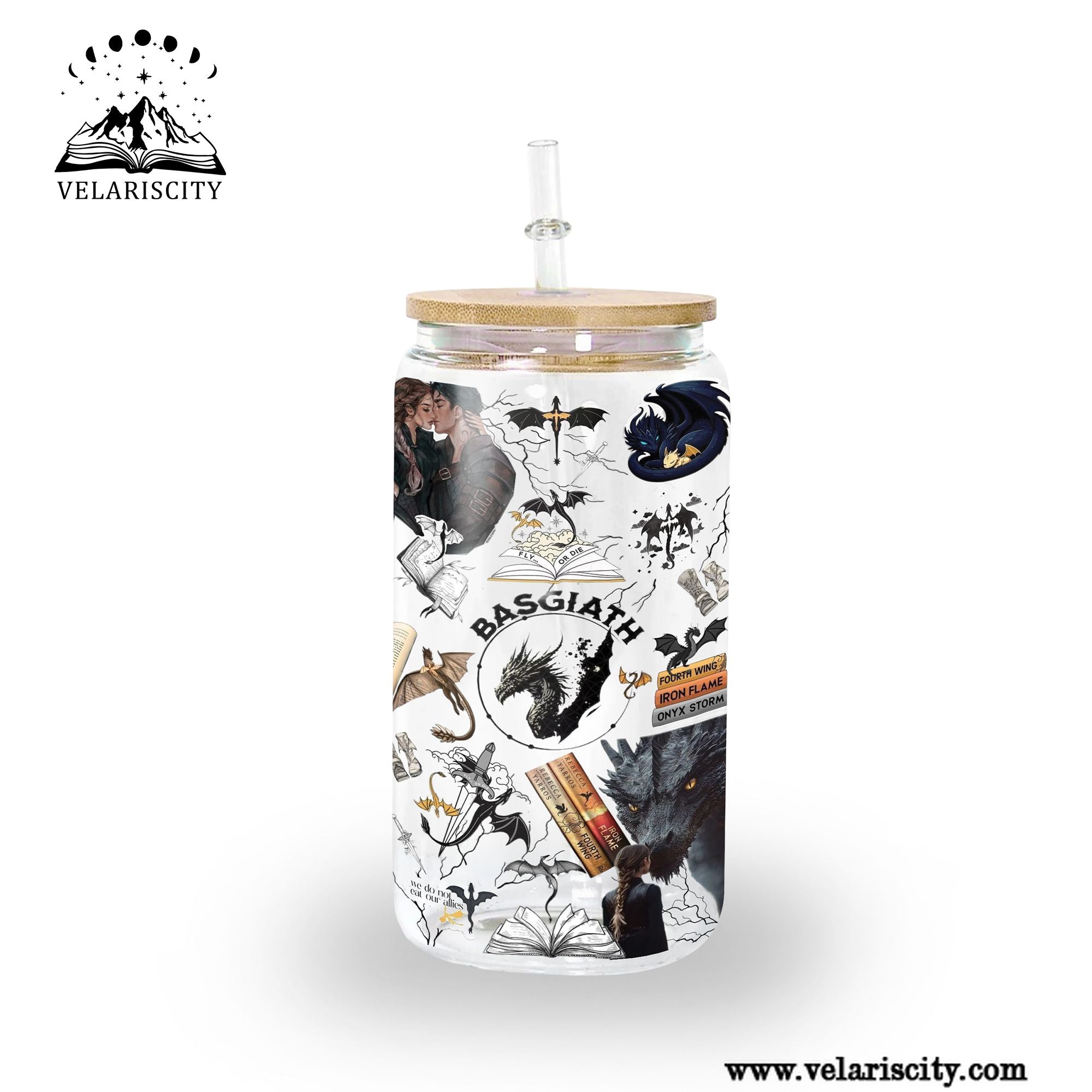 Basgiath War College Glass Can Cup with Straw, Fourth Wing Iron Flame Onyx Storm Dragon Tumbler, Empyrean Bookish Gift GLVLR43