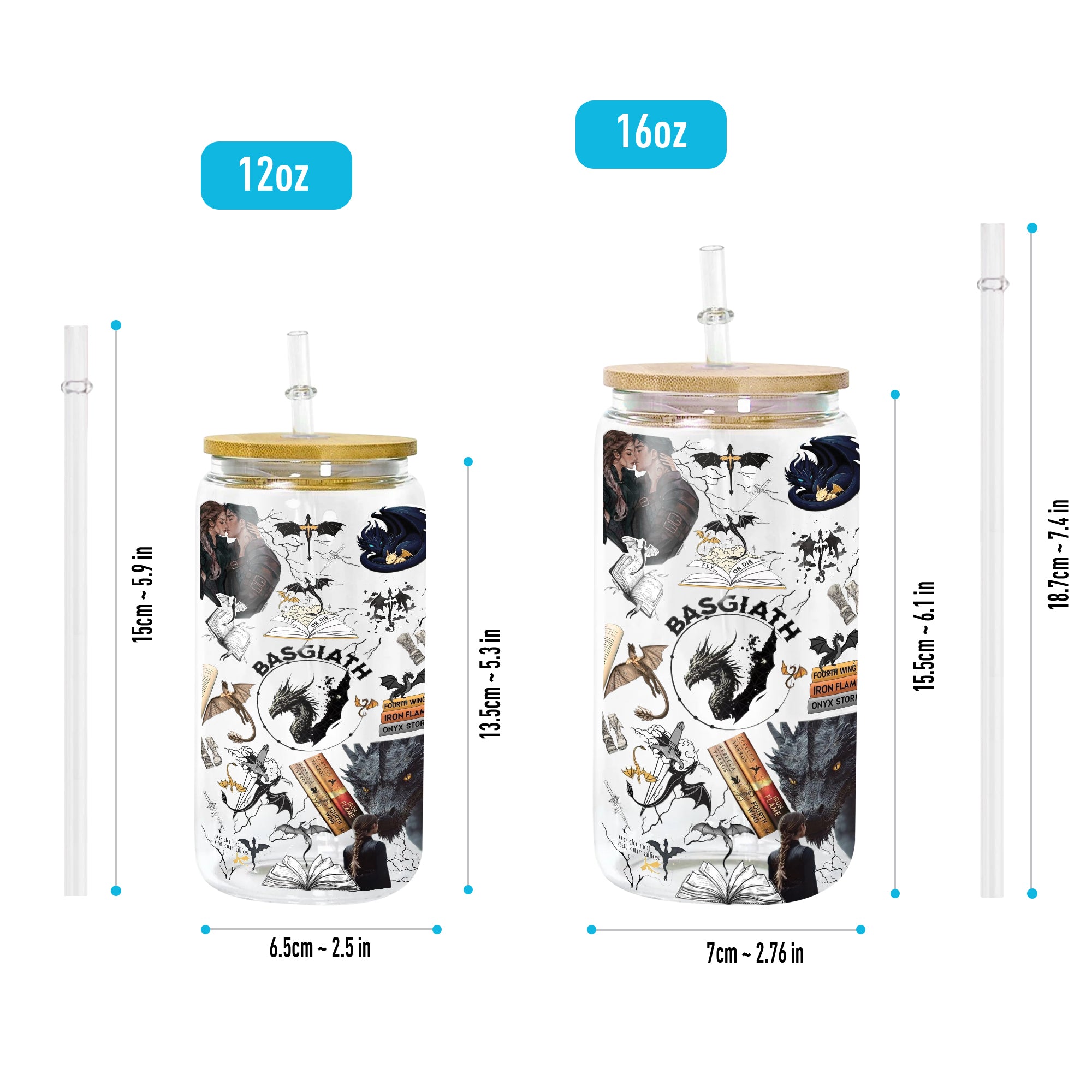 Basgiath War College Glass Can Cup with Straw, Fourth Wing Iron Flame Onyx Storm Dragon Tumbler, Empyrean Bookish Gift GLVLR43