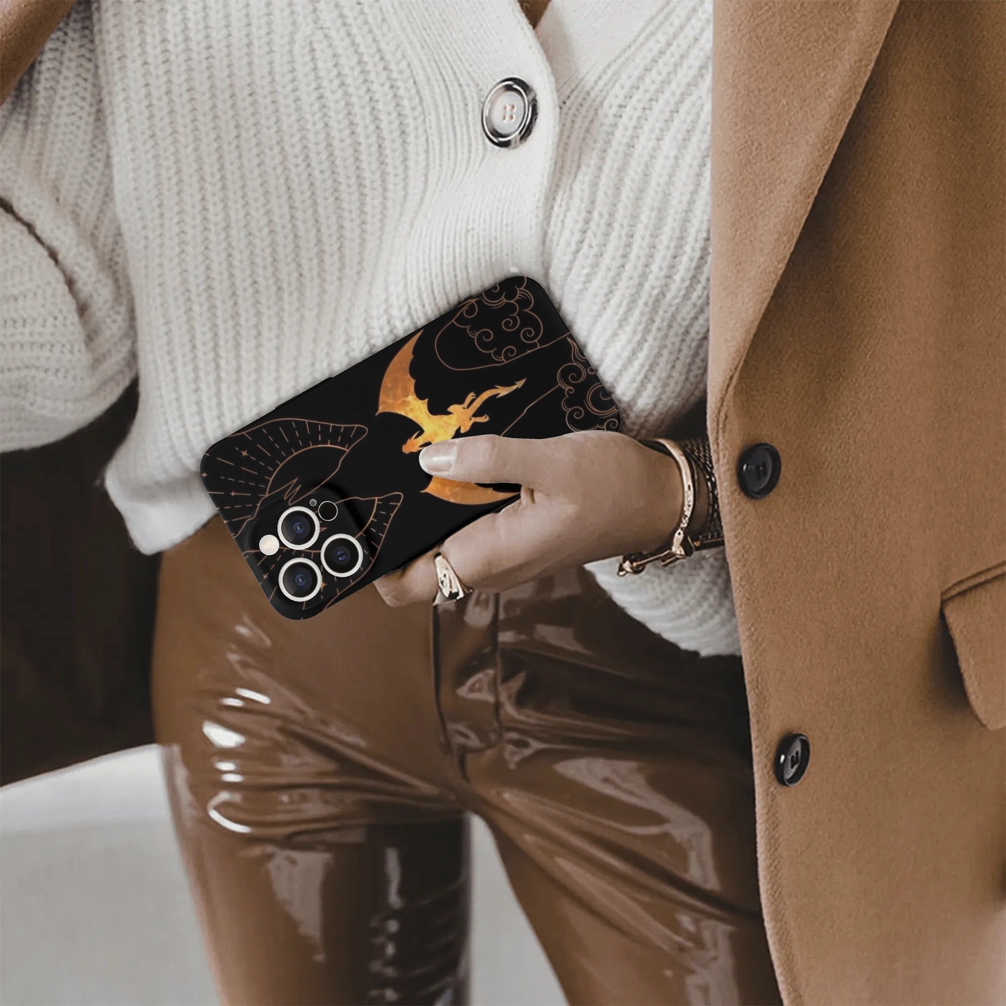 Dragon Silhouette Phone Case, Fourth Wing Inspired iPhone Cover, Fantasy Black and Gold Aesthetic Case for Book Lovers PCVLR70