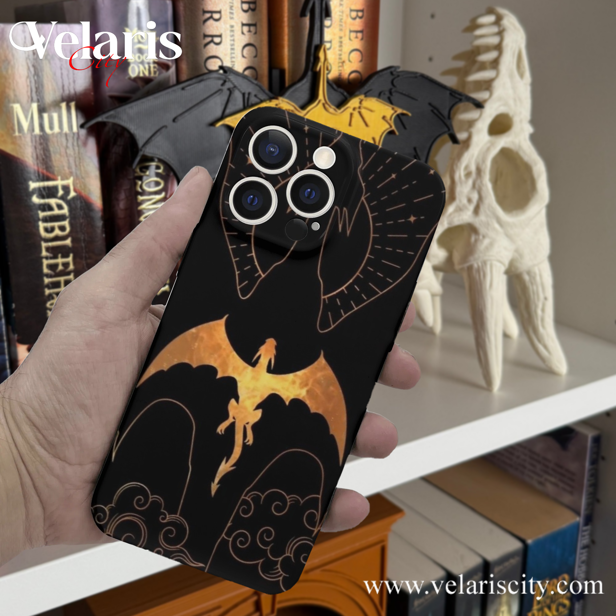 Dragon Silhouette Phone Case, Fourth Wing Inspired iPhone Cover, Fantasy Black and Gold Aesthetic Case for Book Lovers PCVLR70
