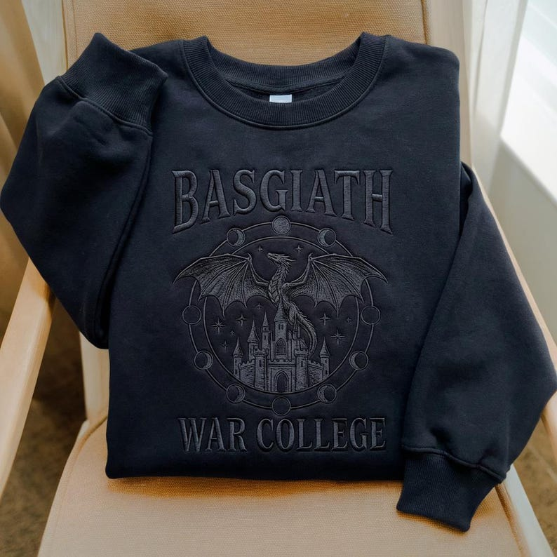 Fantasy Reader Gift Sweatshirt, Basgiath War College Black Embroidered Crewneck VEMB70