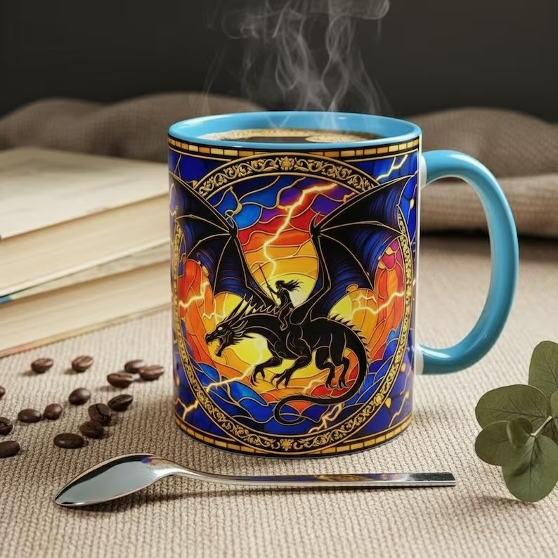 Fourth Wing Dragon Stained Glass Style Mug, Lightning Dragon Rider Fantasy Coffee Mug, Basgiath War College Art Cup, Bookish Tea Mug