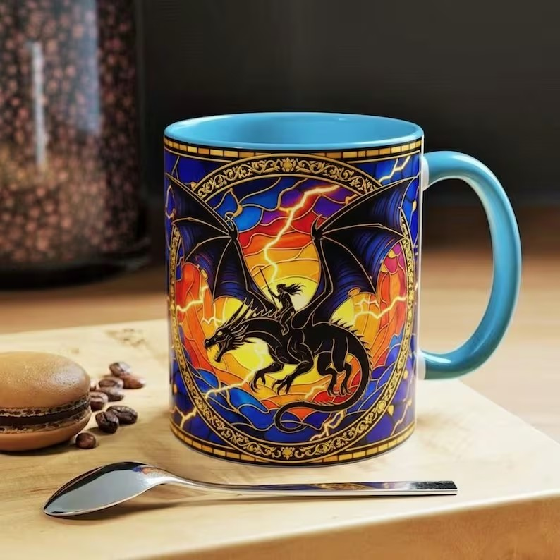 Fourth Wing Dragon Stained Glass Style Mug, Lightning Dragon Rider Fantasy Coffee Mug, Basgiath War College Art Cup, Bookish Tea Mug