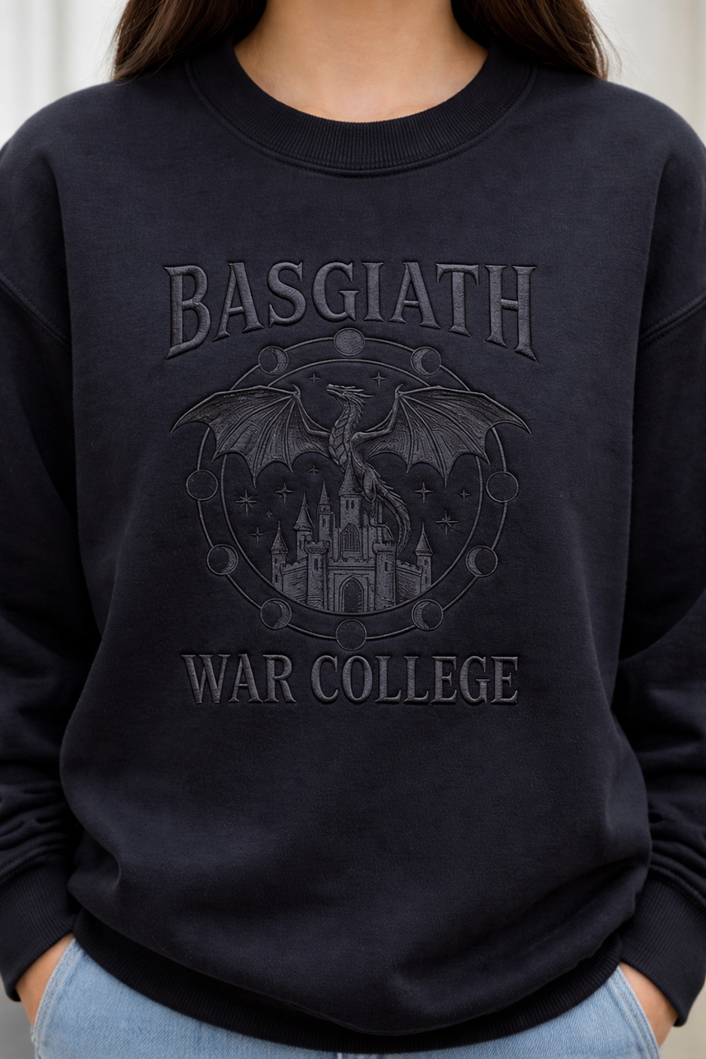 Fantasy Reader Gift Sweatshirt, Basgiath War College Black Embroidered Crewneck VEMB70