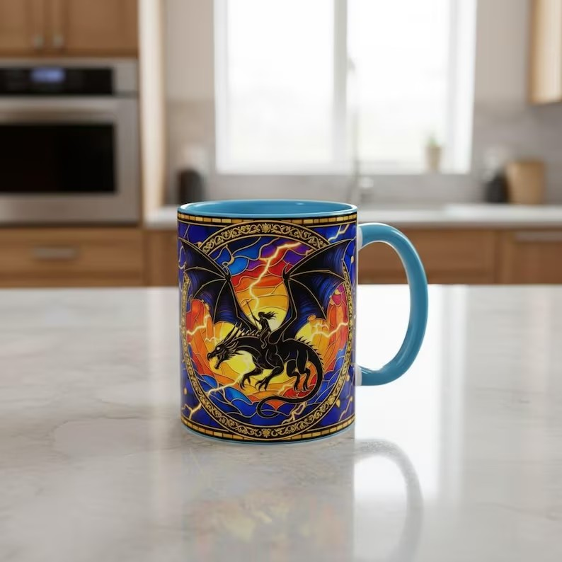 Fourth Wing Dragon Stained Glass Style Mug, Lightning Dragon Rider Fantasy Coffee Mug, Basgiath War College Art Cup, Bookish Tea Mug