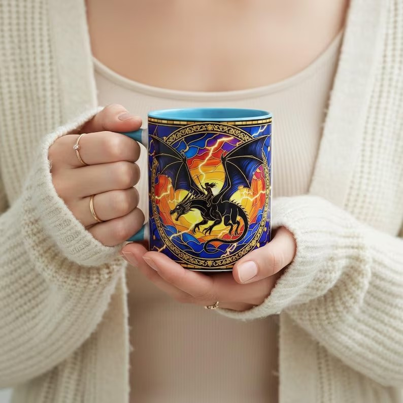 Fourth Wing Dragon Stained Glass Style Mug, Lightning Dragon Rider Fantasy Coffee Mug, Basgiath War College Art Cup, Bookish Tea Mug
