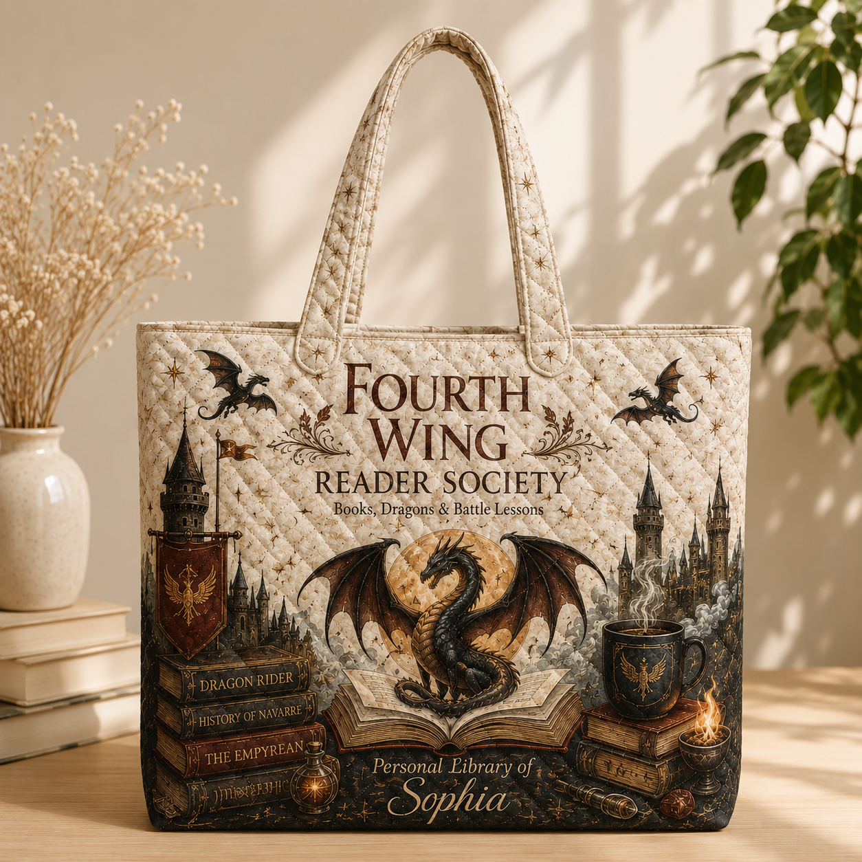Personalized Dragon Reader Quilted Tote Bag, Fantasy Book Lover Library Bag, Custom Name Bookish Gift, Literary Society Book Tote QTBVLR7