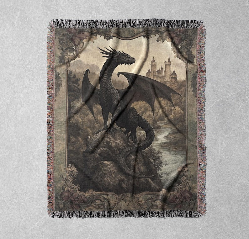Fantasy Dragon Throw Blanket, Tairn Fourth Wing Inspired with Raging Dragon, Magical Creature Home Decor BKVLR07