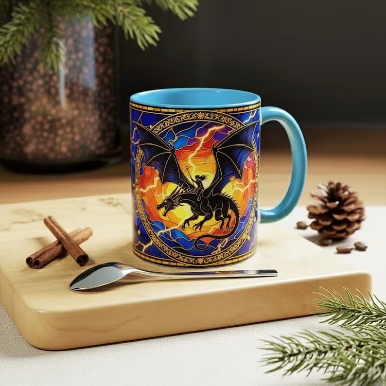 Fourth Wing Dragon Stained Glass Style Mug, Lightning Dragon Rider Fantasy Coffee Mug, Basgiath War College Art Cup, Bookish Tea Mug