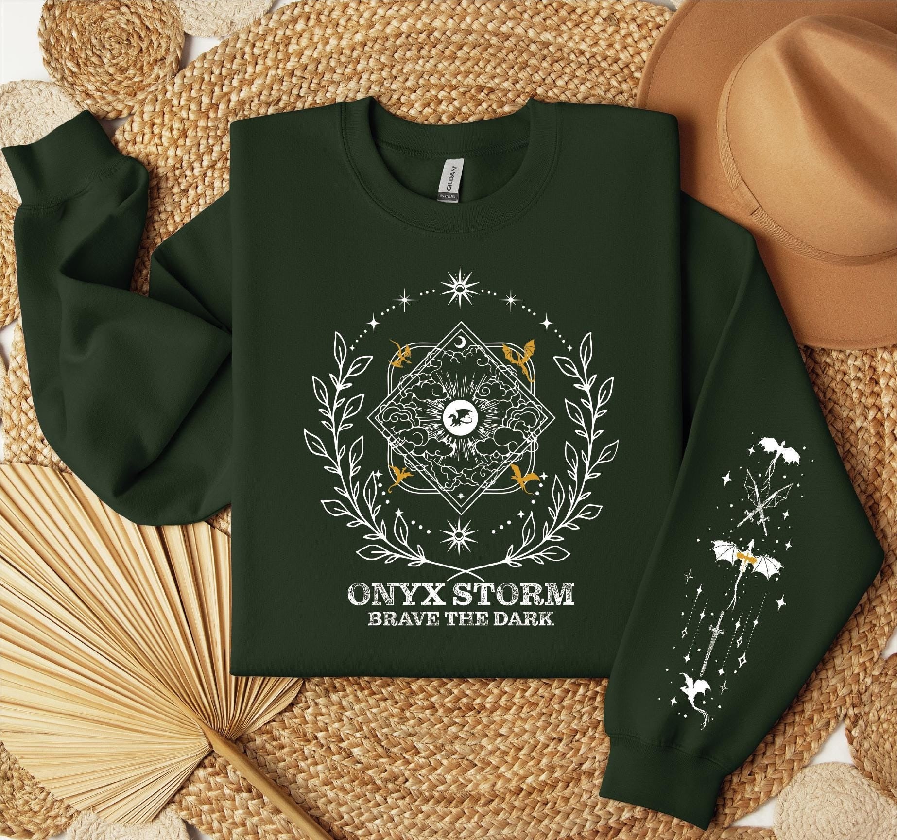 Comfort Colors Onyx Storm Brave The Dark Sleeves Printed Sweatshirt and Hoodie, Fourth Wing Series Sweatshirt, Dragon Rider, Gift For Book Lover, CFVLR46