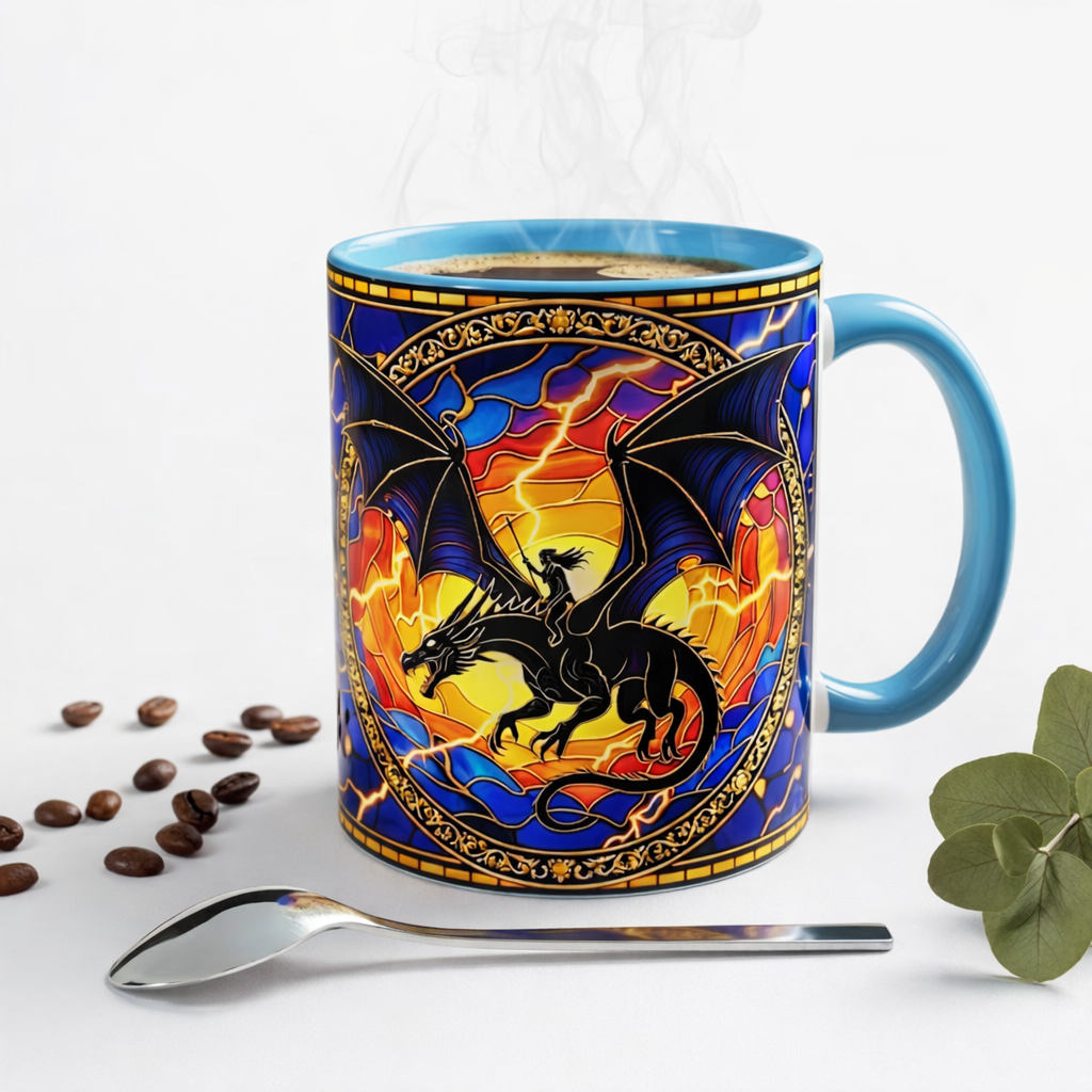 Fourth Wing Dragon Stained Glass Style Mug, Lightning Dragon Rider Fantasy Coffee Mug, Basgiath War College Art Cup, Bookish Tea Mug