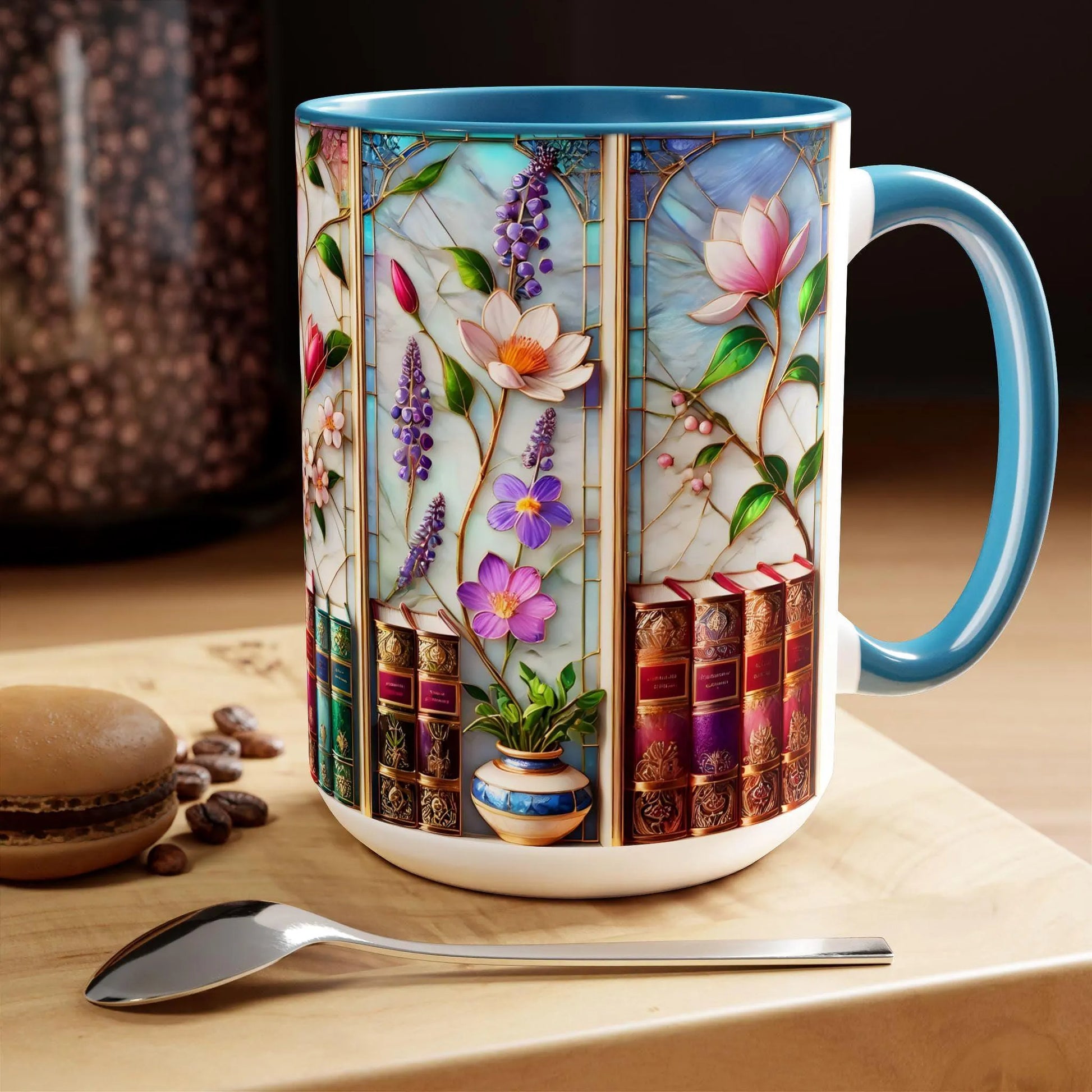 Floral Bookshelf Coffee Mug, Bookish Stained-Glass Style Ceramic Mug, Book Lover Gift