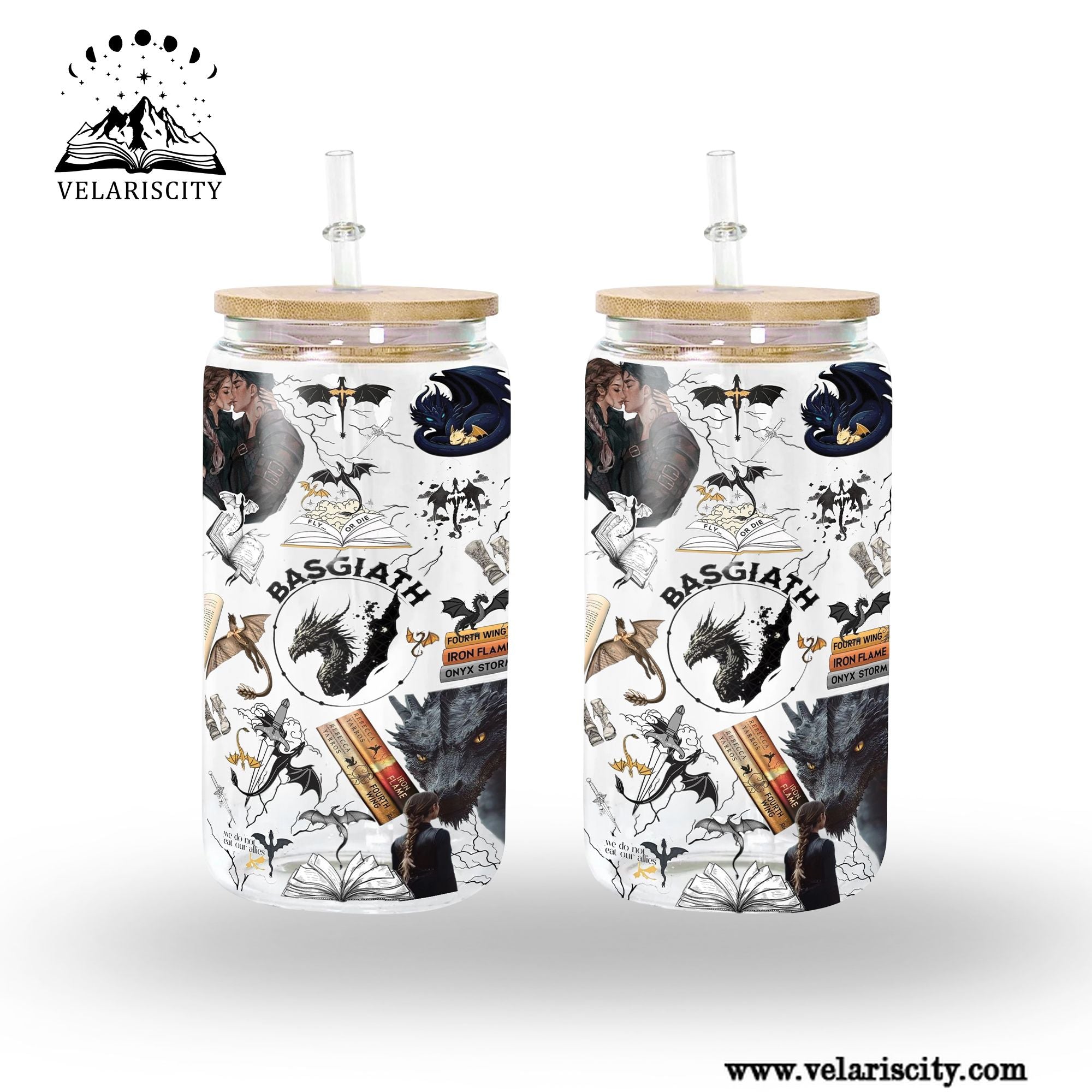 Basgiath War College Glass Can Cup with Straw, Fourth Wing Iron Flame Onyx Storm Dragon Tumbler, Empyrean Bookish Gift GLVLR43
