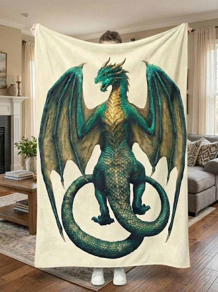 Emerald Green Dragon Blanket, Majestic Winged Dragon Artwork, Mythical Dragon Fantasy Blanket, Cozy Fleece Sherpa Blanket, Gift for Fantasy and Dragon Lovers BLK08