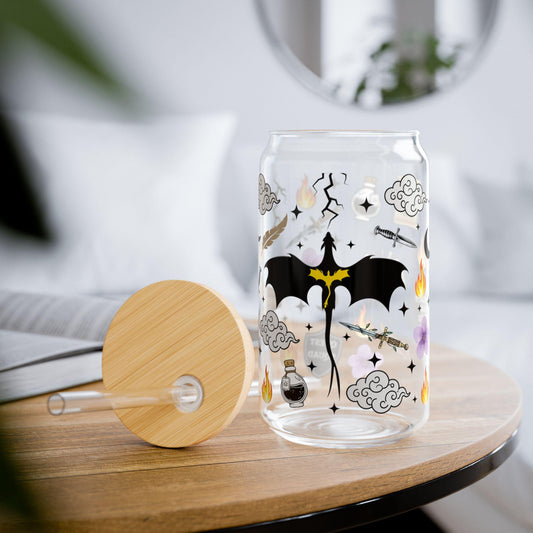 Fourth Wing glass cup, Fourth Wing merch, onyx storm, romantasy, bookish, glass tumbler, iced coffee cup, bookish gift GLVLR09