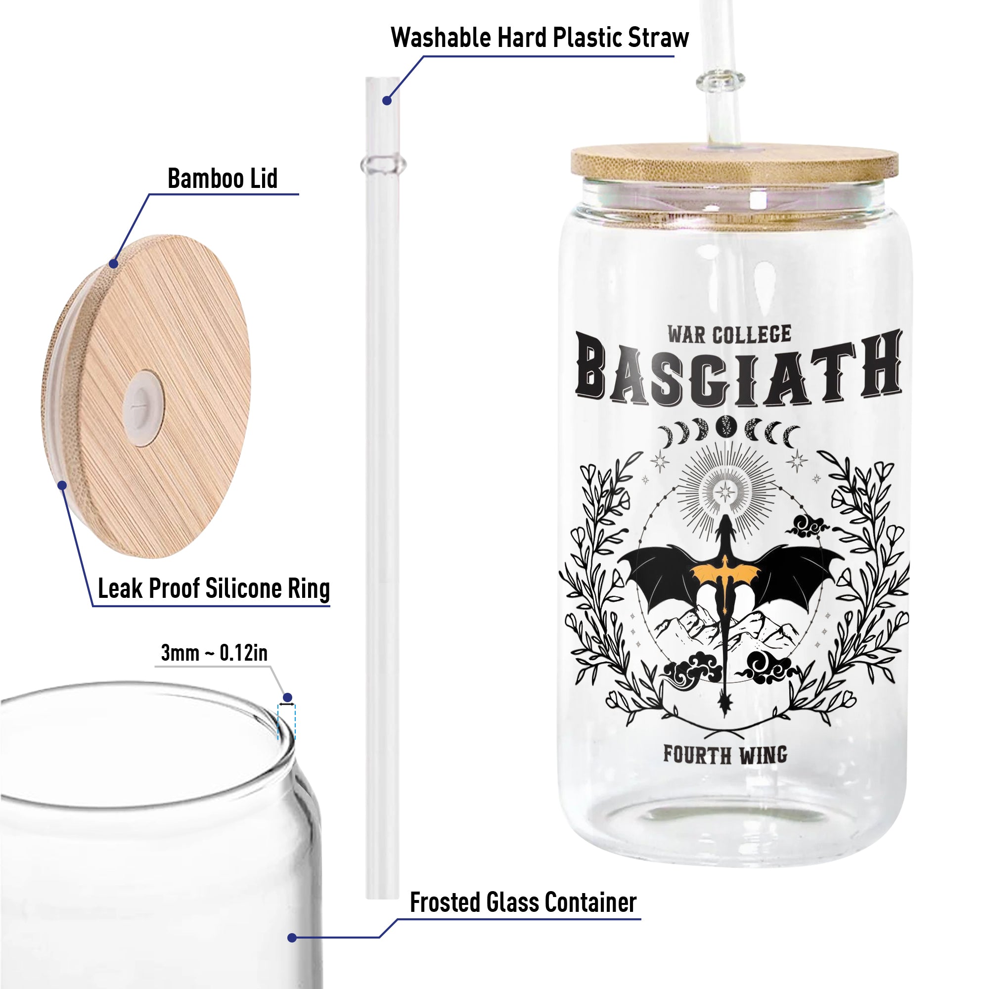 Basgiath War College Glass Can Cup with Straw, Fourth Wing Dragon Tumbler, Empyrean Bookish Fantasy Gift GLVLR44