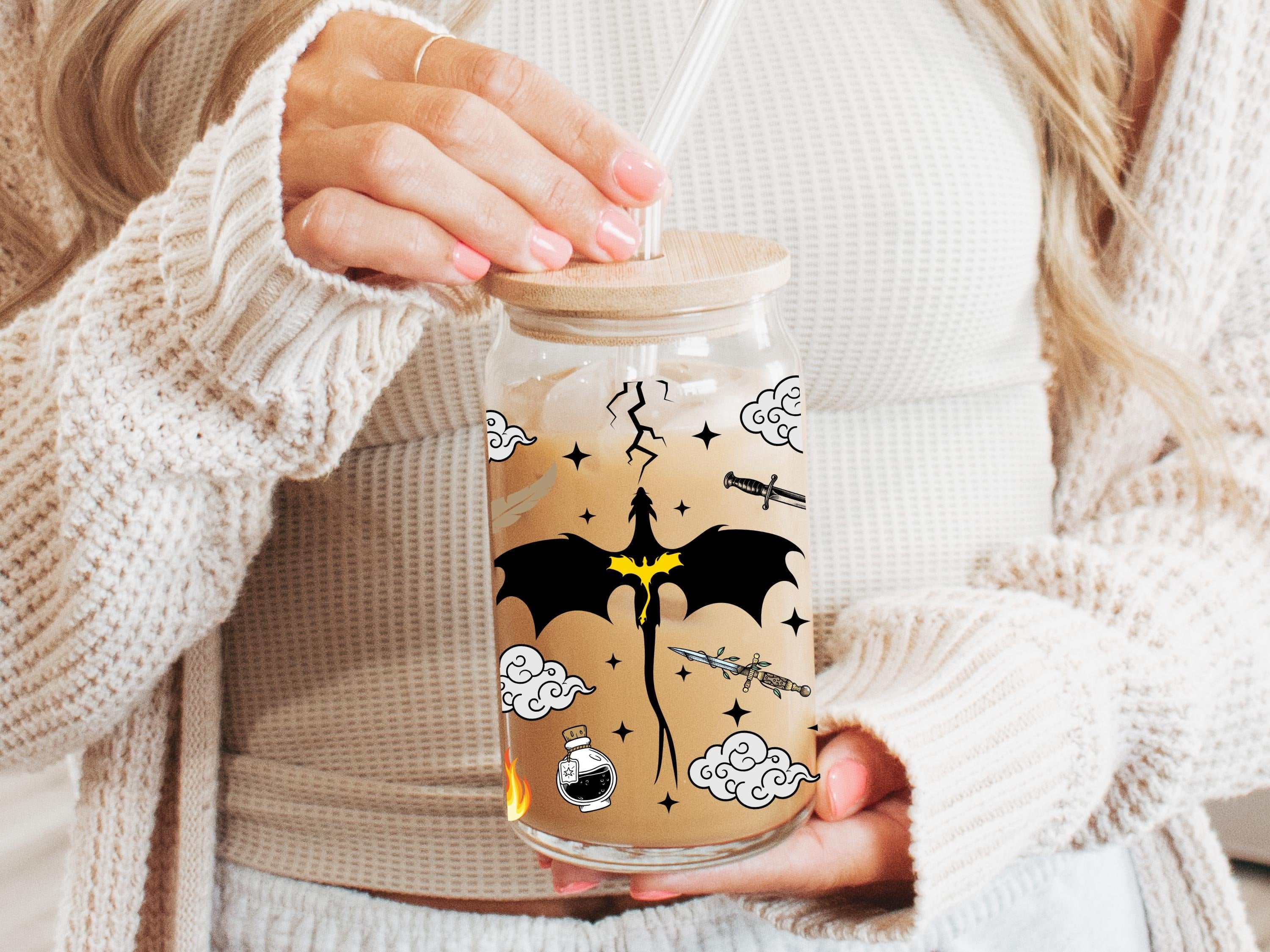 Fourth Wing glass cup, Fourth Wing merch, onyx storm, romantasy, bookish, glass tumbler, iced coffee cup, bookish gift GLVLR09