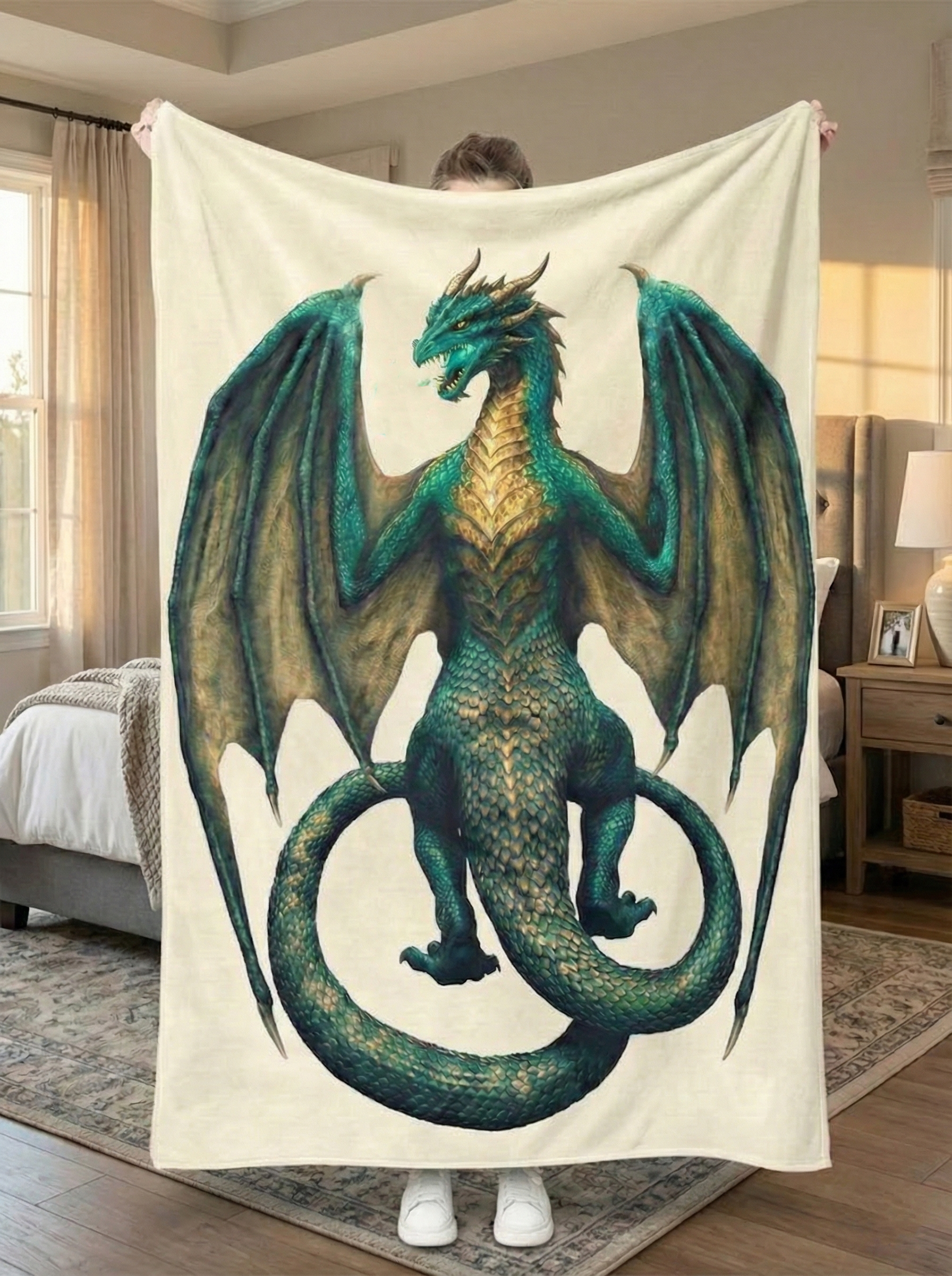 Emerald Green Dragon Blanket, Majestic Winged Dragon Artwork, Mythical Dragon Fantasy Blanket, Cozy Fleece Sherpa Blanket, Gift for Fantasy and Dragon Lovers BLK08