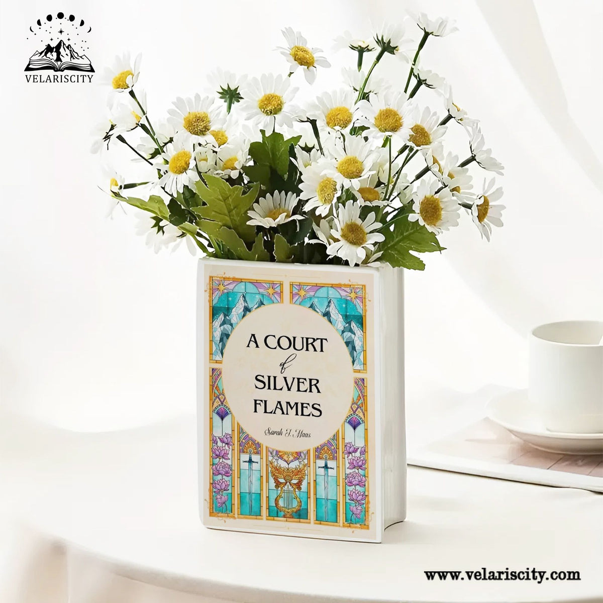 A Court of Silver Flames Ceramic Book Vase, ACOTAR Fantasy Decor, Book Lover Gift, Bookish Stained Glass Vase for Home Library CVVLR37