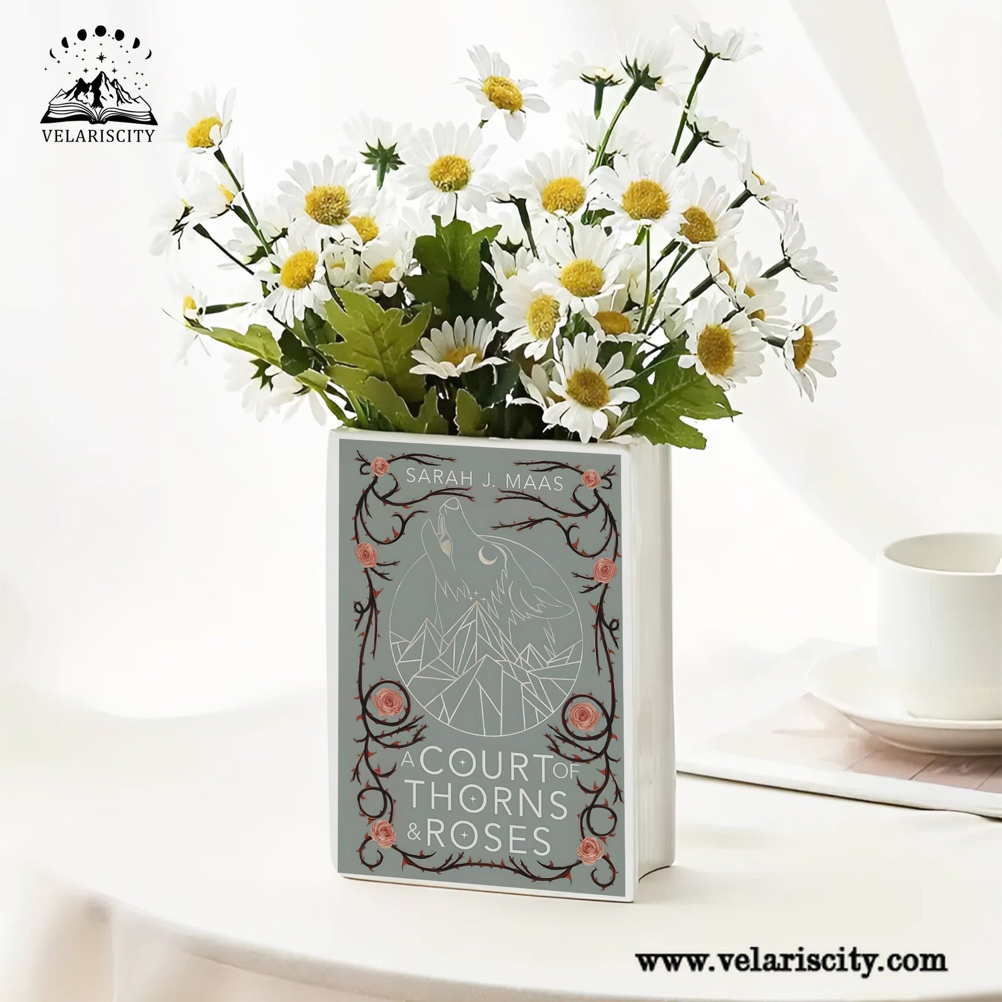 A Court of Thorns and Roses Ceramic Book Vase, Fantasy Romance Decor, Rose & Wolf Aesthetic Gift for Book Lovers CVVRL08